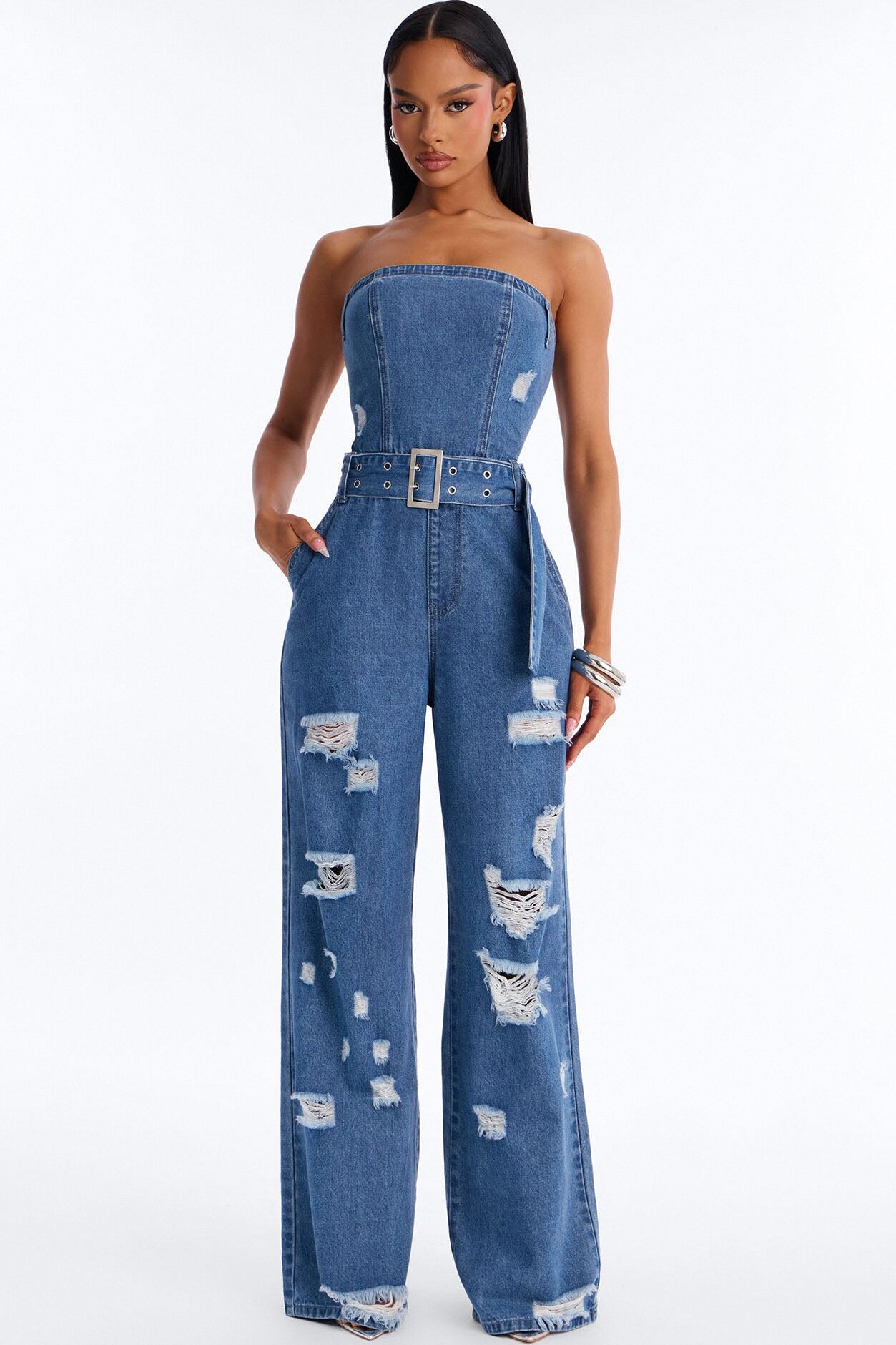Diva In Distress Belted Denim Jumpsuit - Medium Wash