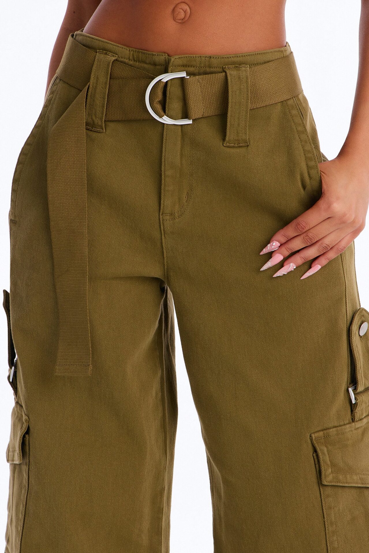 Natalia High Rise Cargo Belted Wide Leg Pant 33″ - Olive