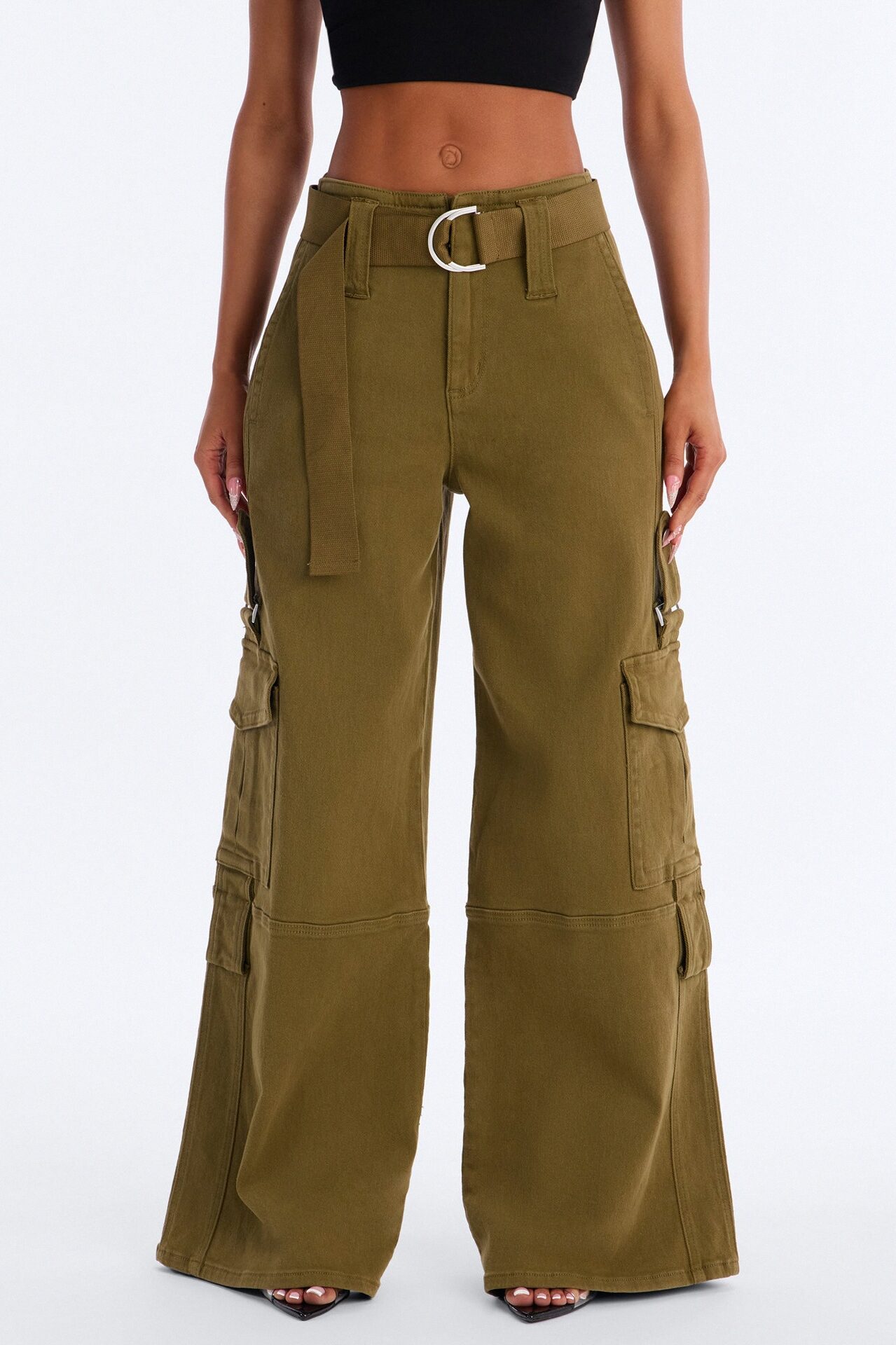 Natalia High Rise Cargo Belted Wide Leg Pant 33″ - Olive