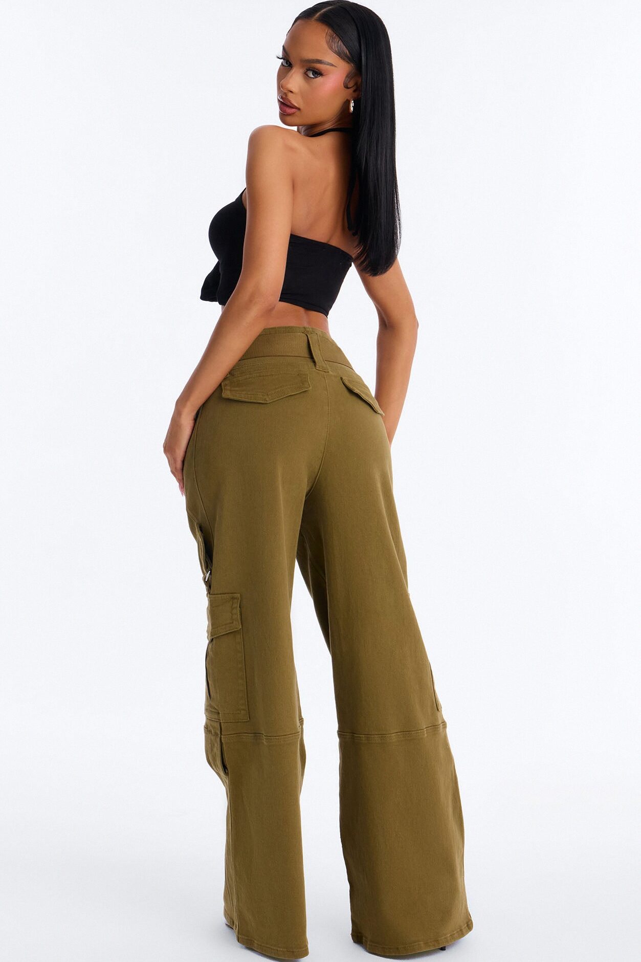 Natalia High Rise Cargo Belted Wide Leg Pant 33″ - Olive