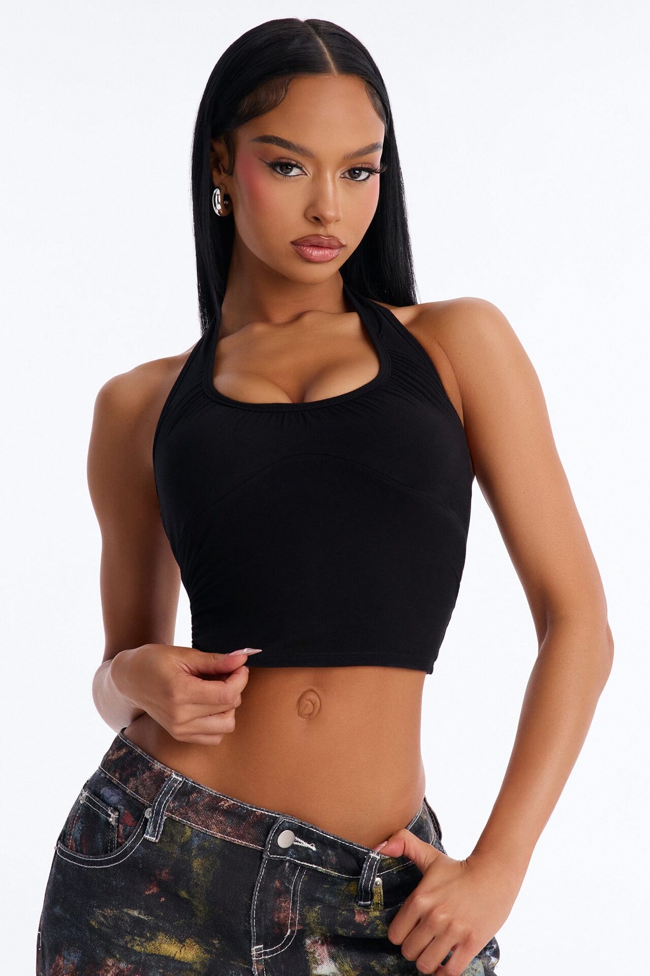 Hailey Everyday Ruched Bust Halter Top - Black