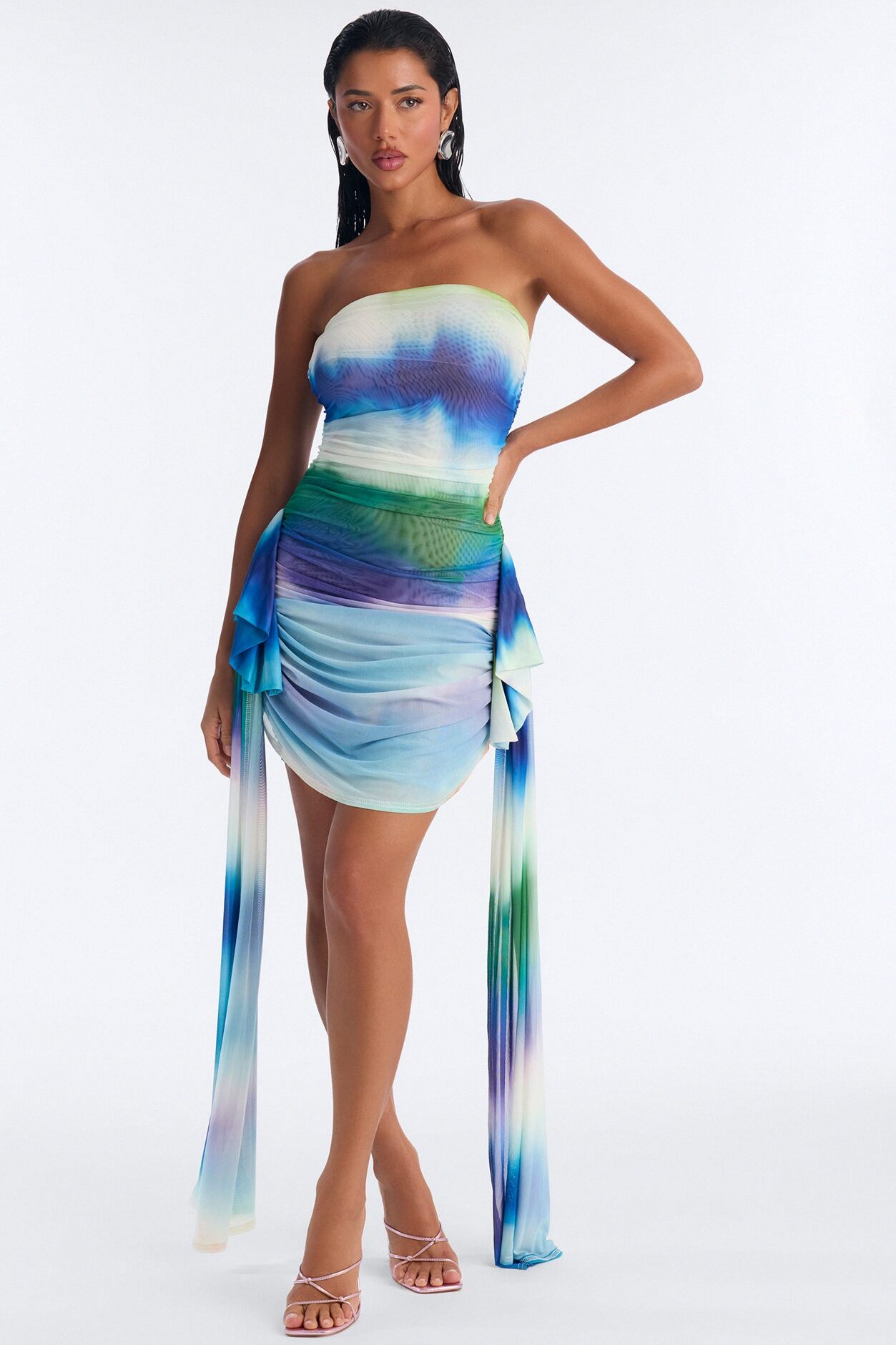 Cassia Tie Dye Strapless Mesh Mini Dress - Blue/combo