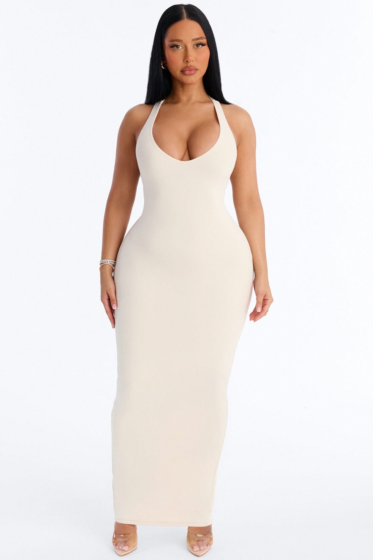 Second Skin Double Lined U Neck Racerback Maxi Dress - Bone
