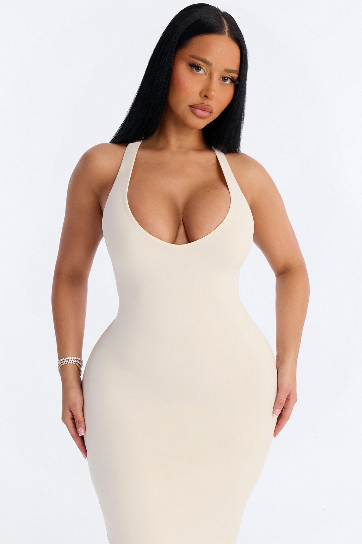 Second Skin Double Lined U Neck Racerback Maxi Dress - Bone