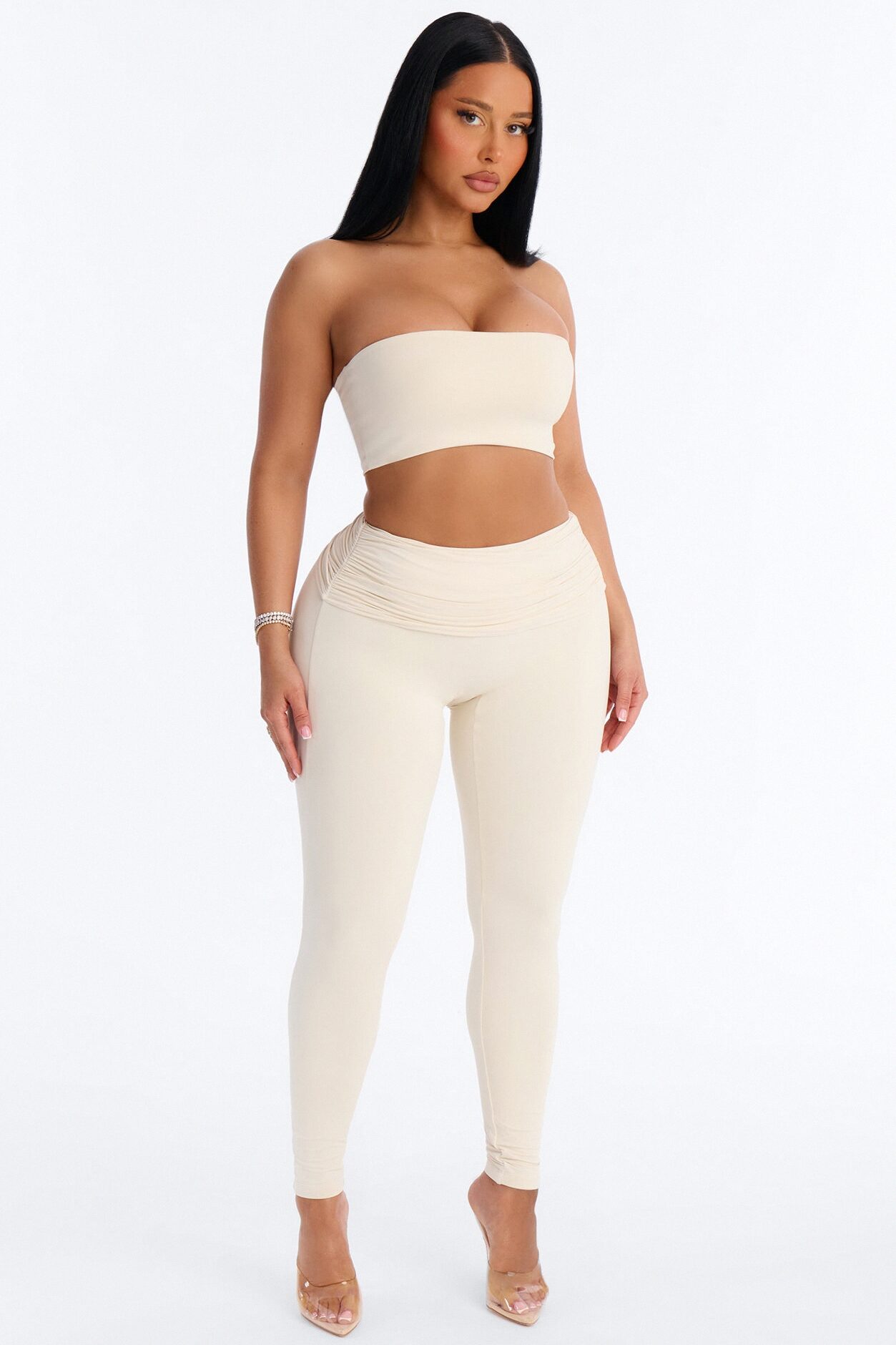 Second Skin Double Lined Ruched Foldover Leggings - Bone