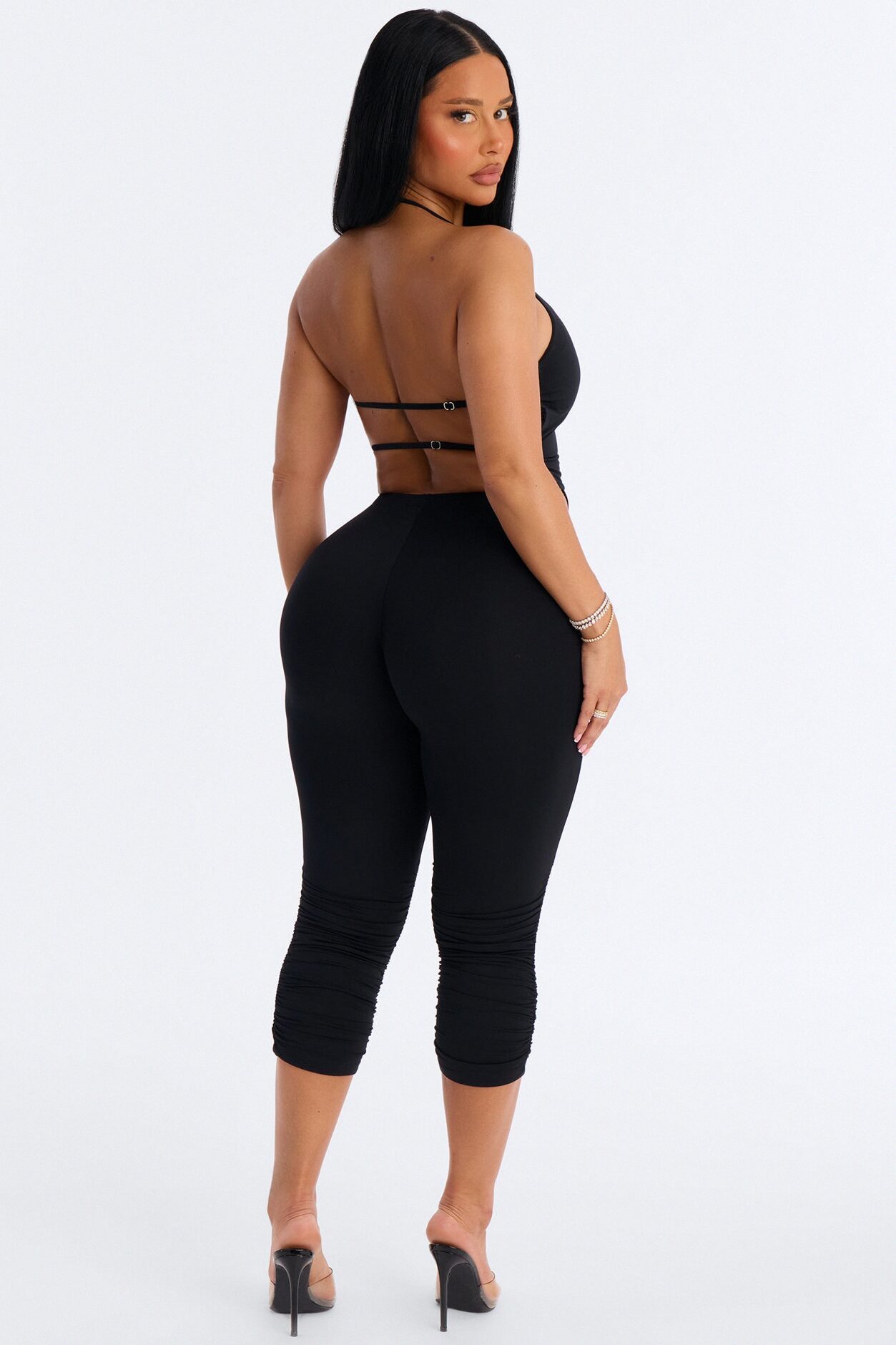 Second Skin Double Lined Ruched Low Rise Capri Legging - Black