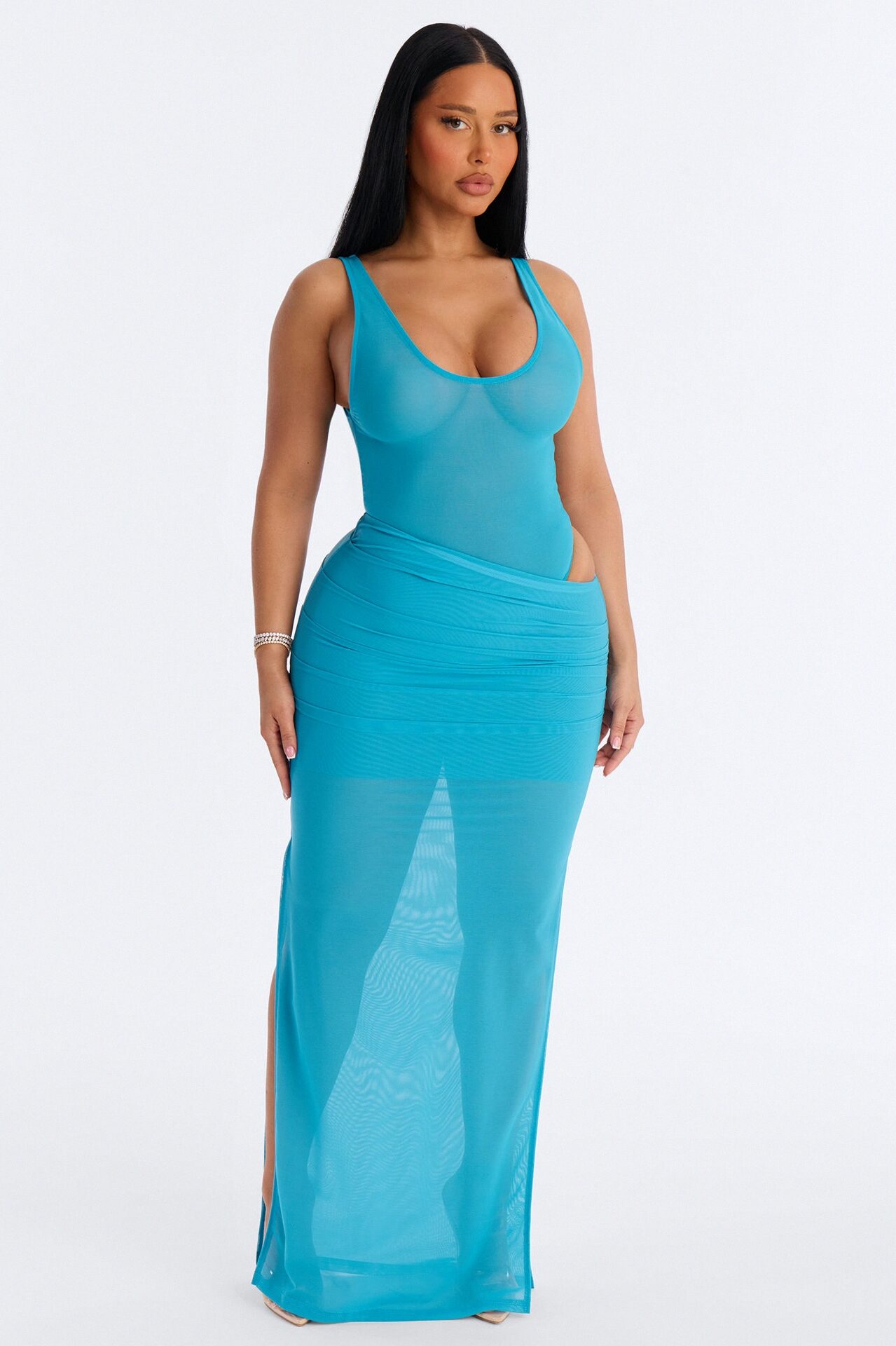 Power Mesh Ruched Maxi Skirt - Blue