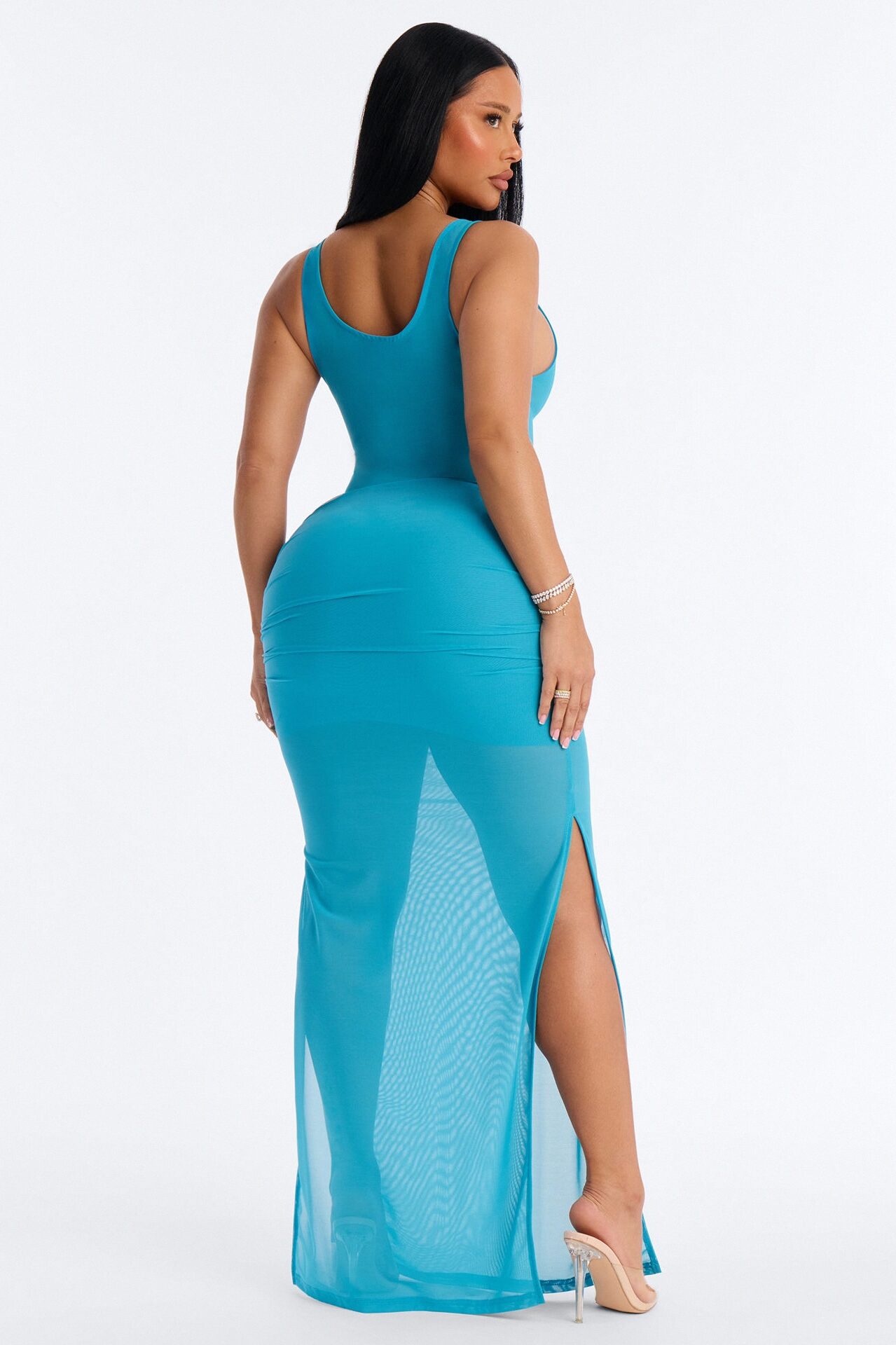 Power Mesh Ruched Maxi Skirt - Blue