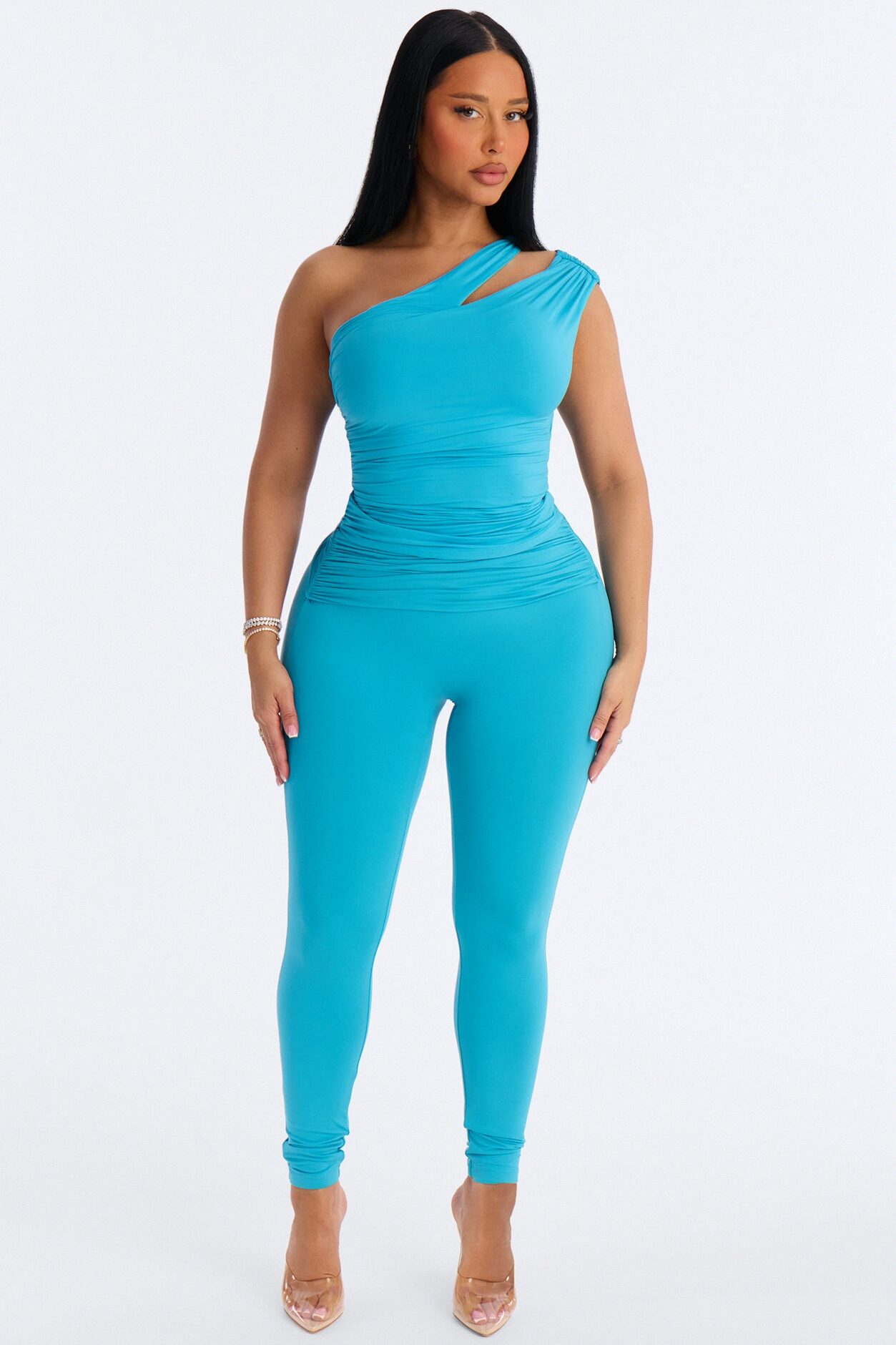 Second Skin Double Lined Cut Out One Shoulder Sleeveless Top - Blue