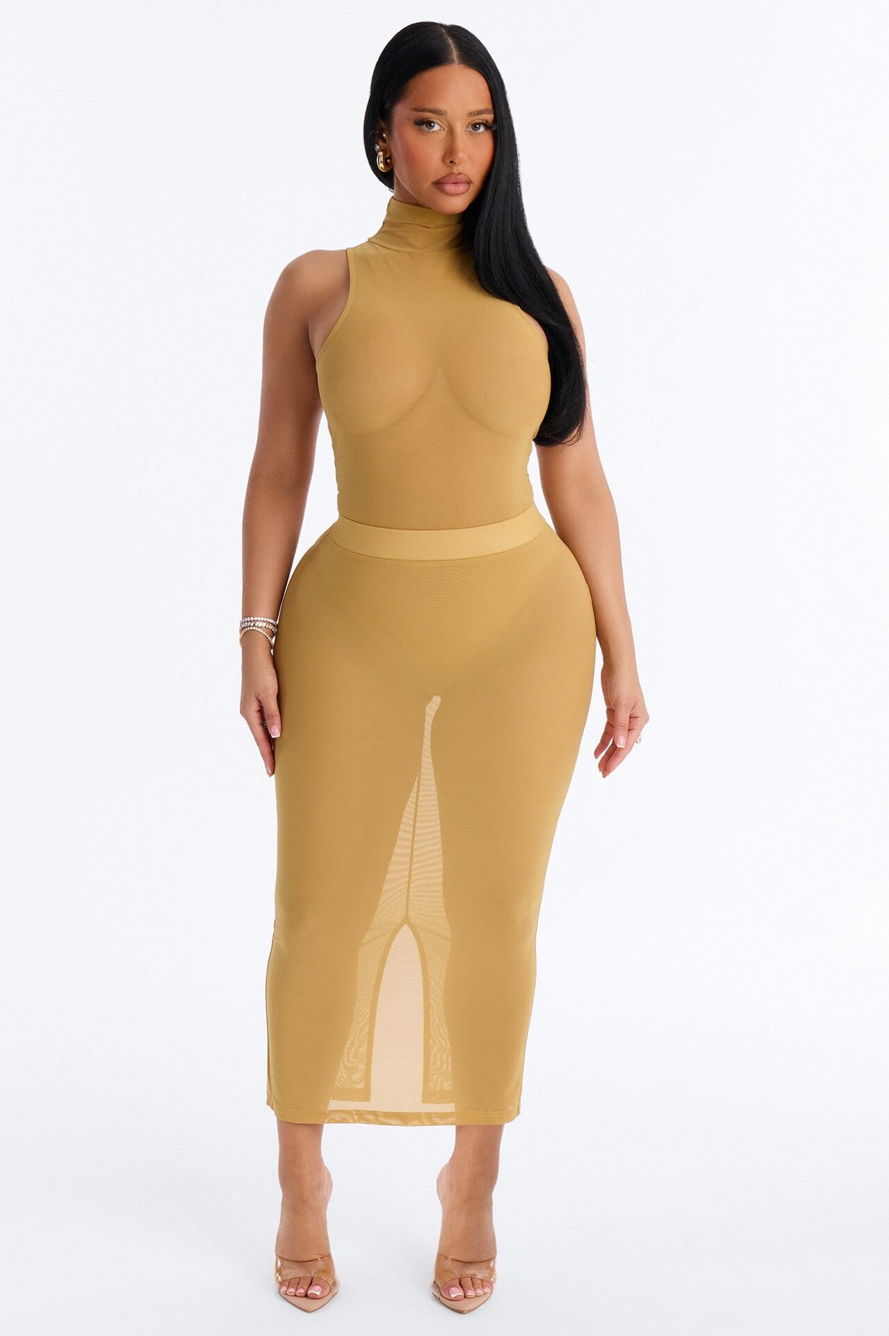 Power Mesh Turtle Neck Sleeveless Bodysuit - Honey