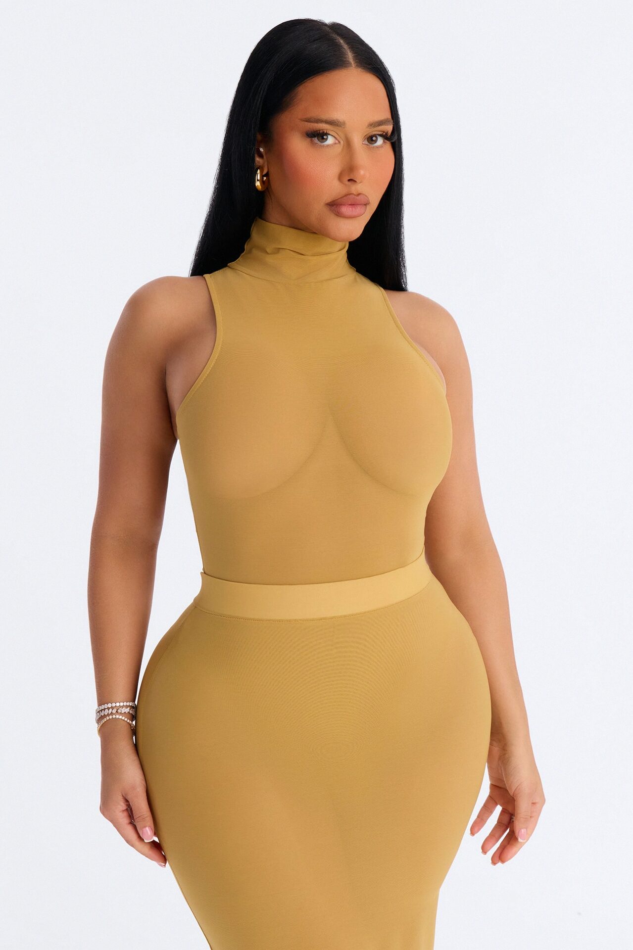 Power Mesh Turtle Neck Sleeveless Bodysuit - Honey