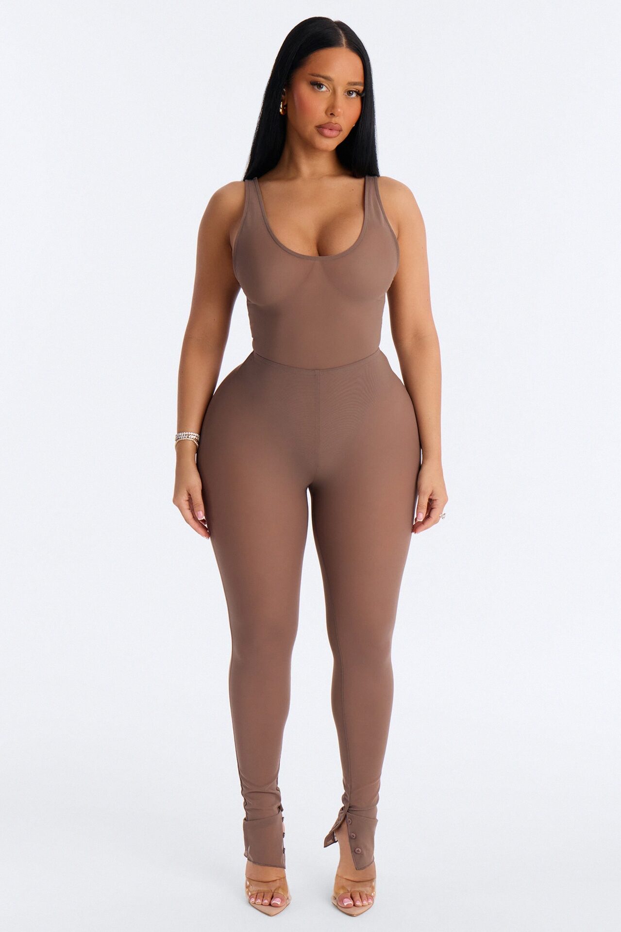 Power Mesh Deep U Neck Sleeveless Bodysuit - Brown