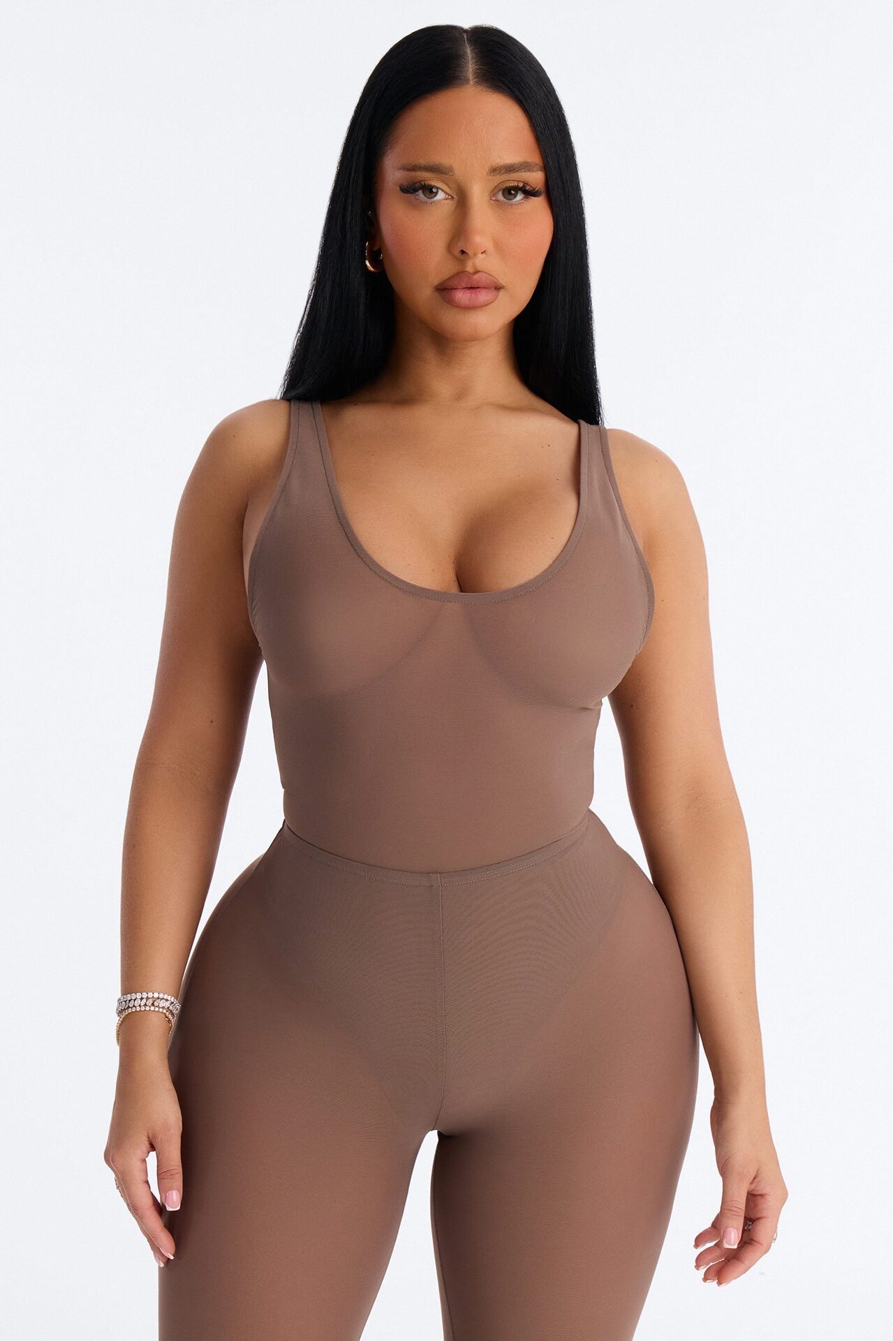 Power Mesh Deep U Neck Sleeveless Bodysuit - Brown