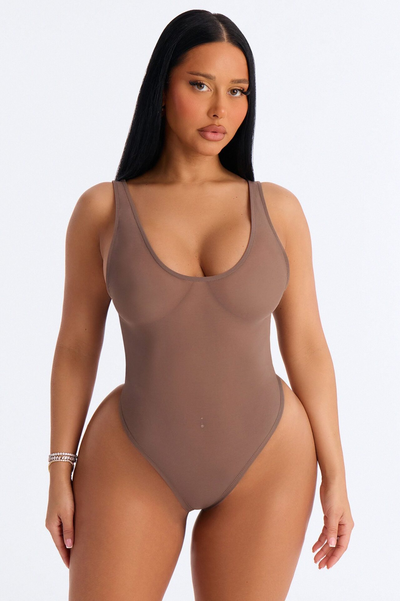 Power Mesh Deep U Neck Sleeveless Bodysuit - Brown