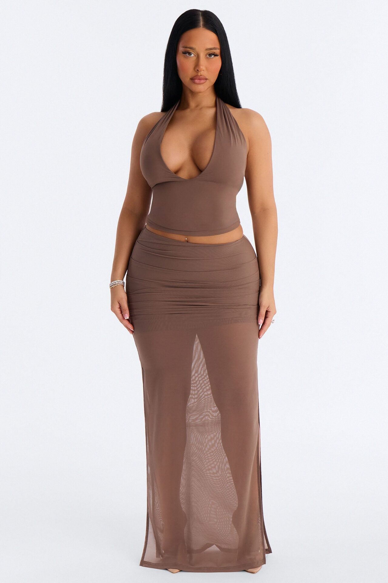 Second Skin Double Lined Deep V-Neck Halter Top - Brown