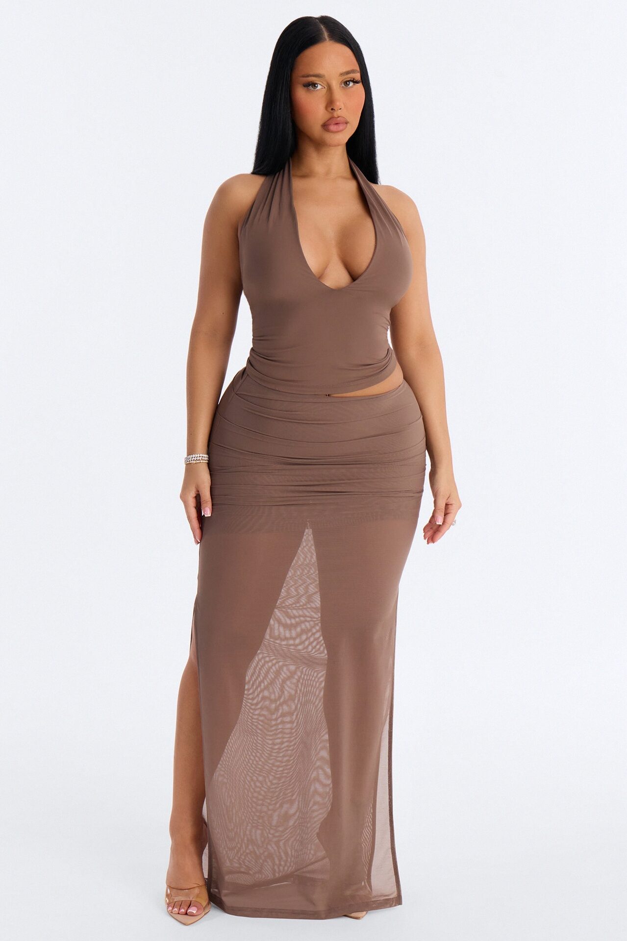 Power Mesh Ruched Maxi Skirt - Brown
