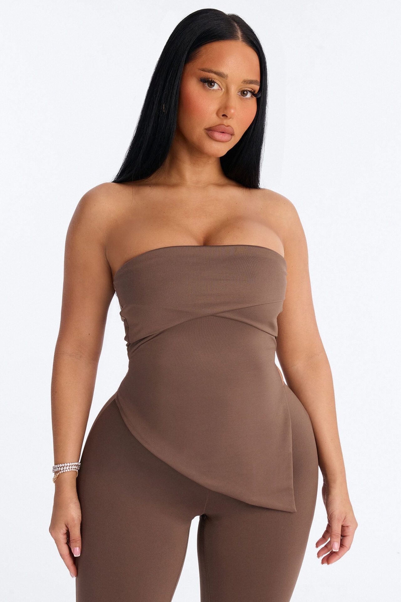 Contour Double Lined Asymmetrical Split Tube Top - Brown