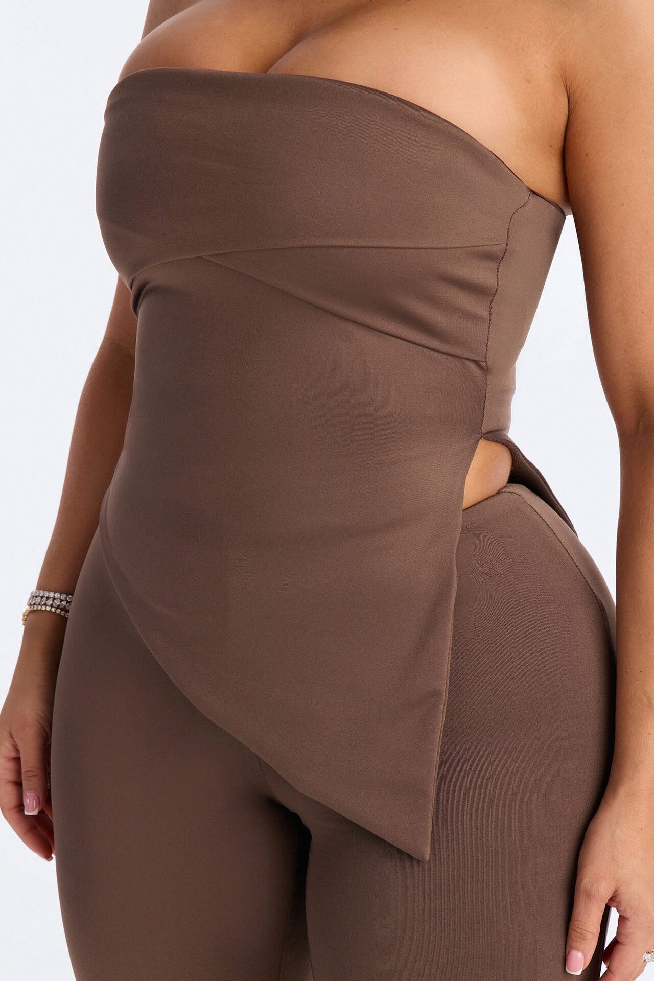 Contour Double Lined Asymmetrical Split Tube Top - Brown