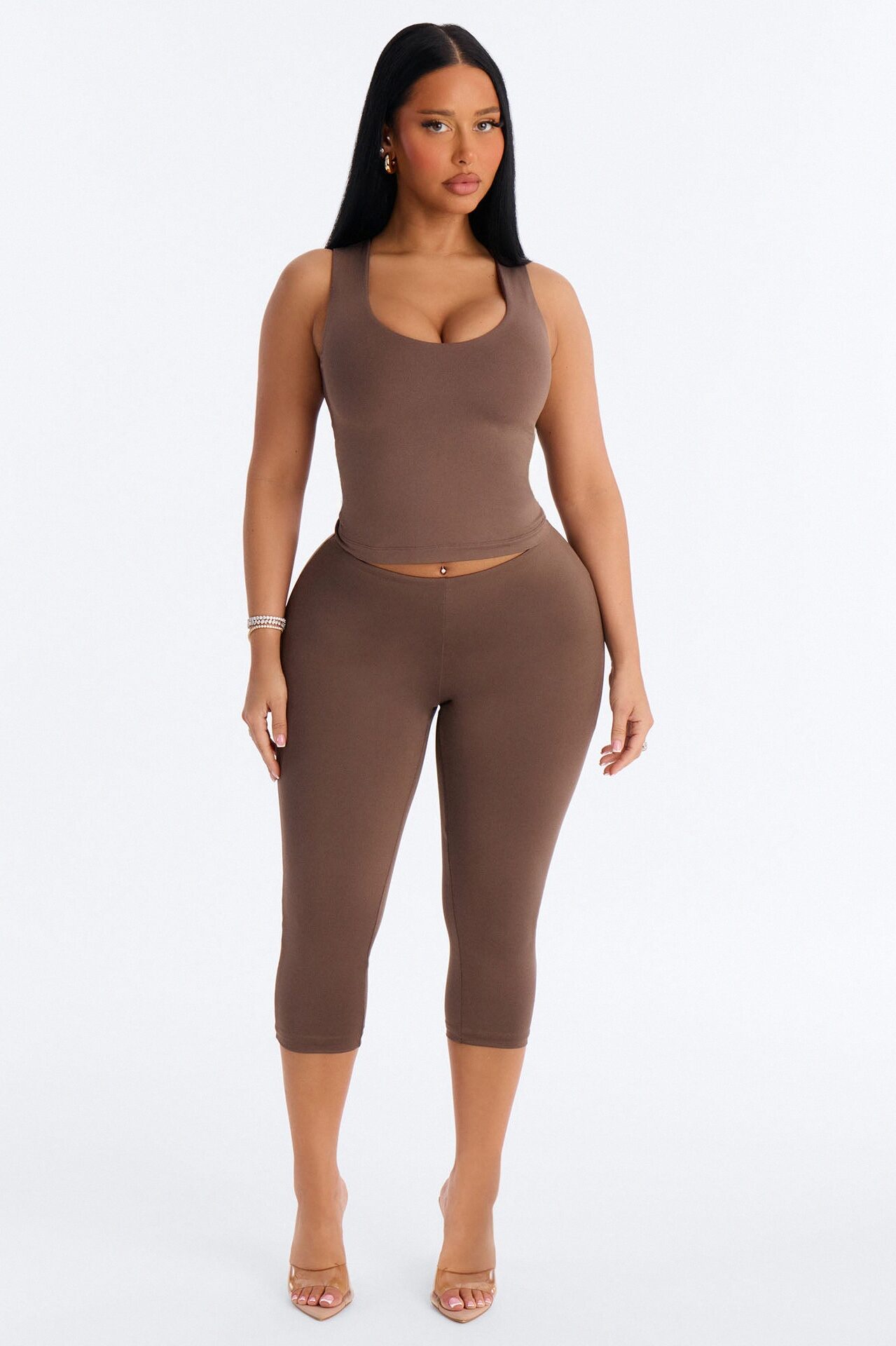 Seamless Smooth Double Lined U Neck Tank Top - Brown
