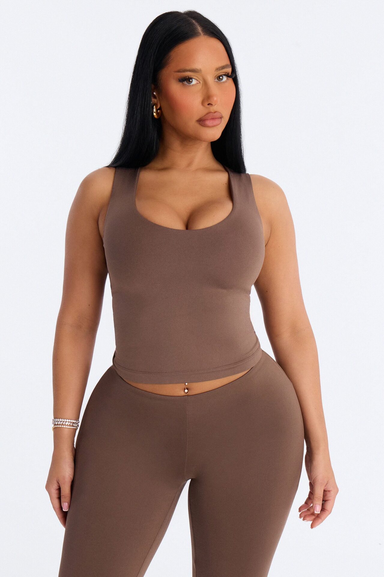Seamless Smooth Double Lined U Neck Tank Top - Brown