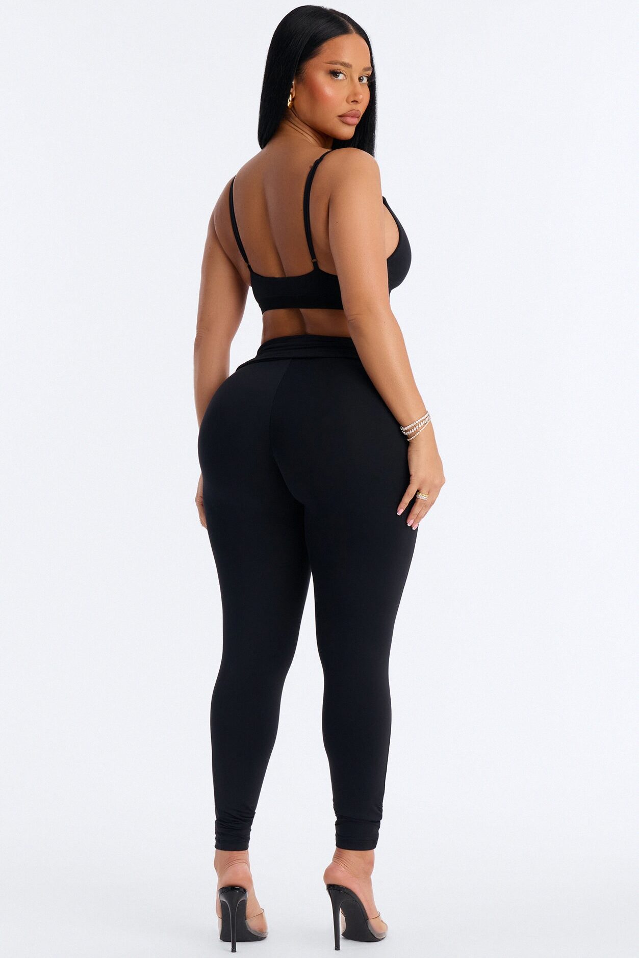 Second Skin Double Lined Ruched Foldover Leggings - Black