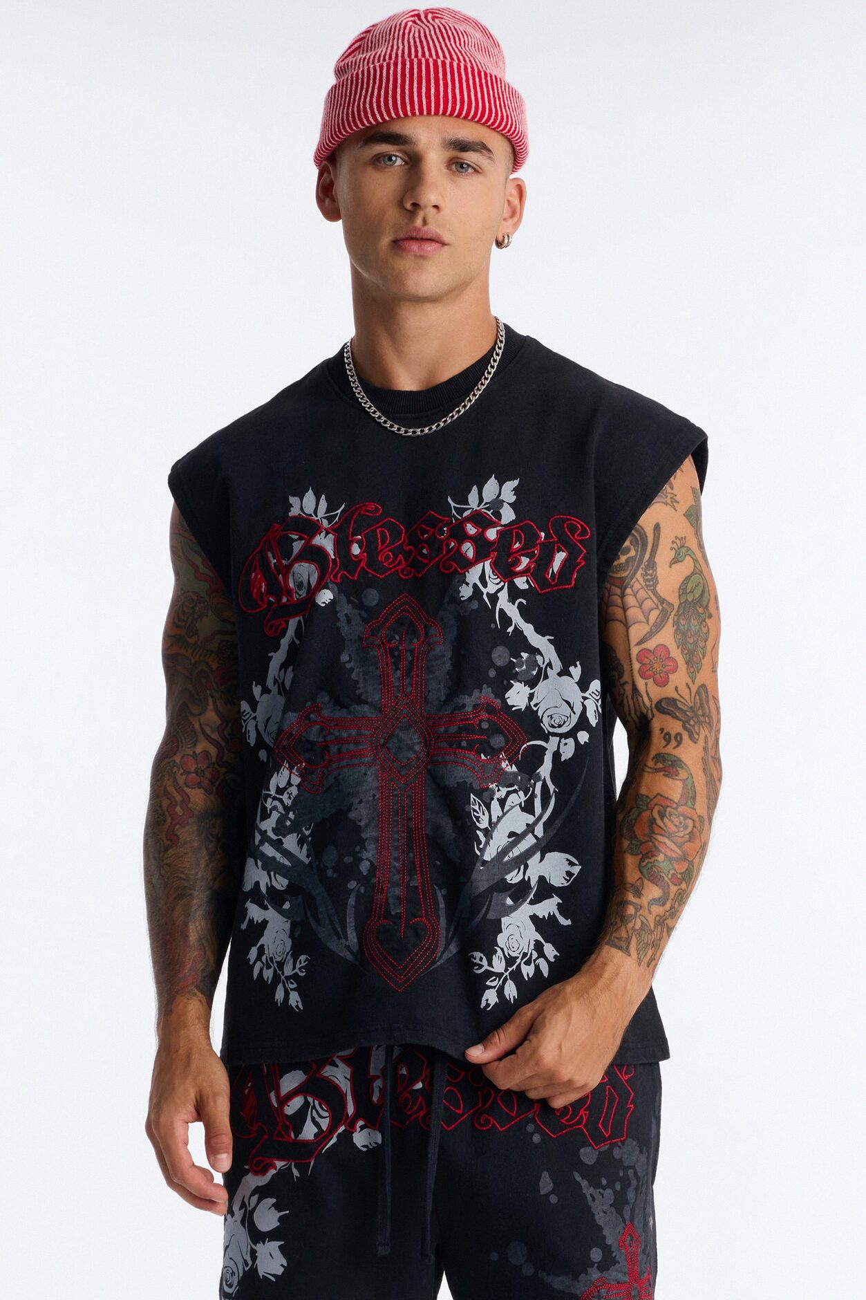 Blessed Roses Embroidered Patch French Terry Muscle Tee - Black Wash