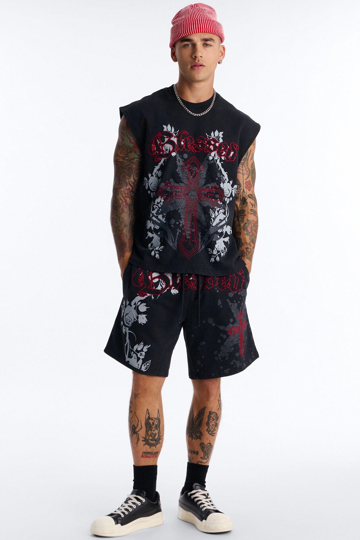 Blessed Roses Embroidered Patch Relaxed Sweatshort - Black Wash