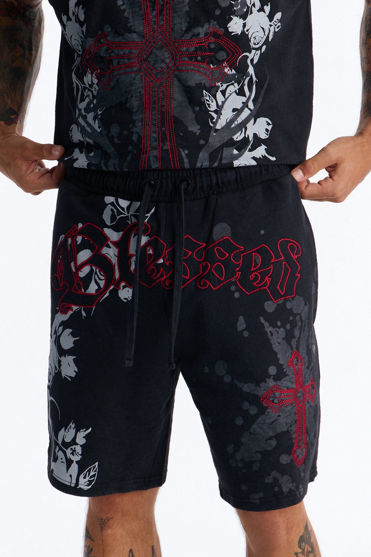 Blessed Roses Embroidered Patch Relaxed Sweatshort - Black Wash