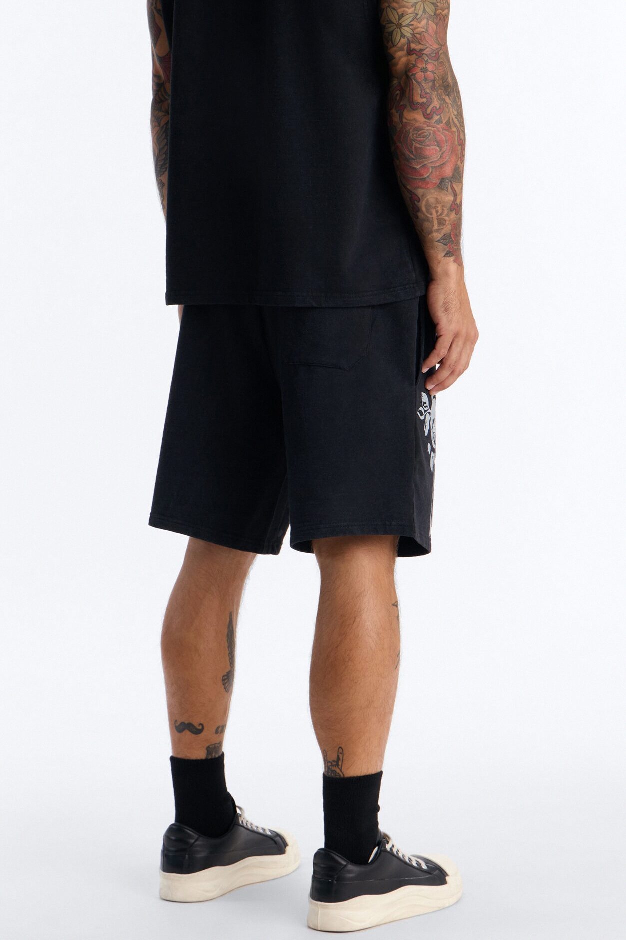 Blessed Roses Embroidered Patch Relaxed Sweatshort - Black Wash
