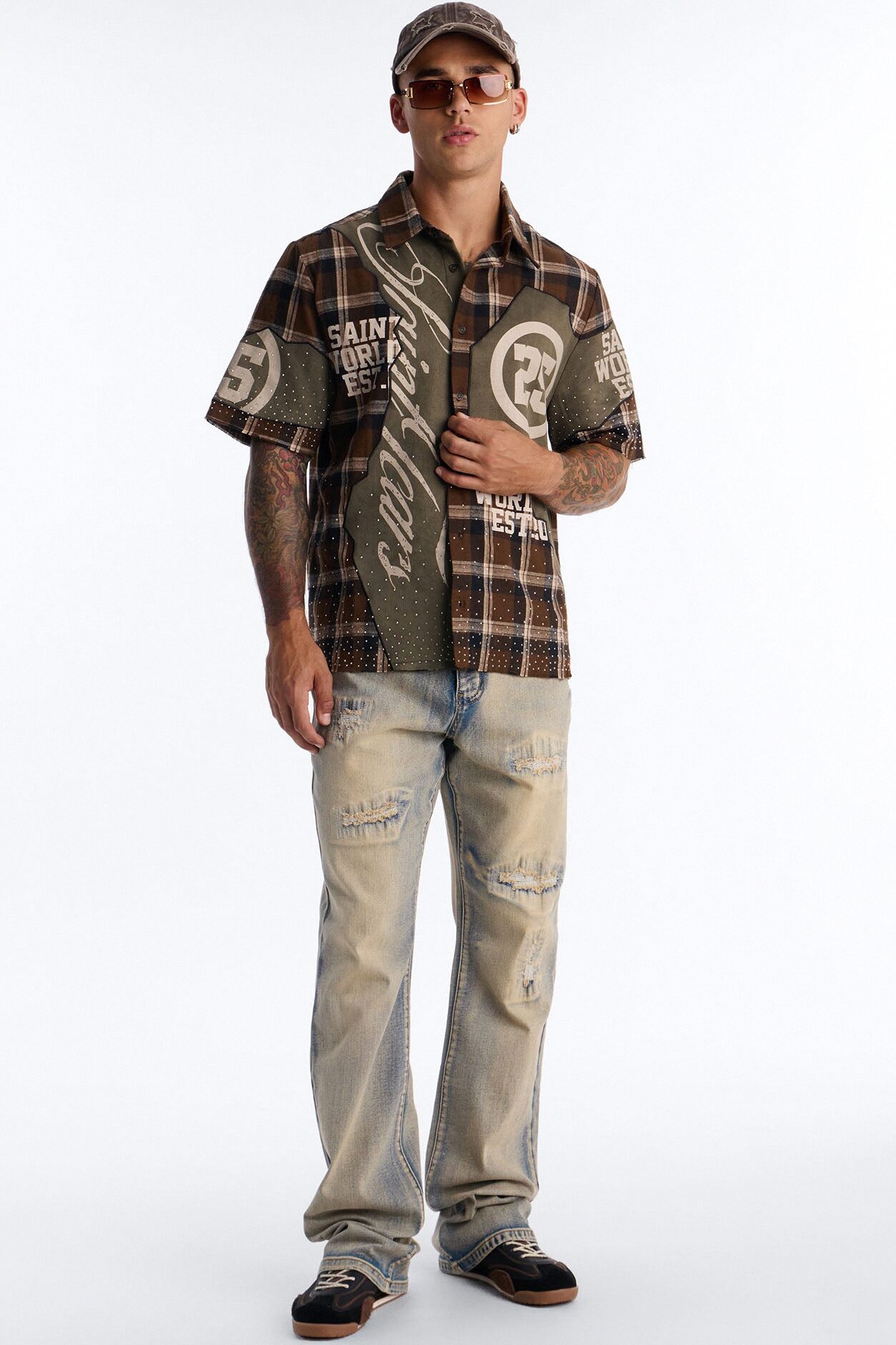 Saints Tears Plaid Button Up Shirt - Brown/combo