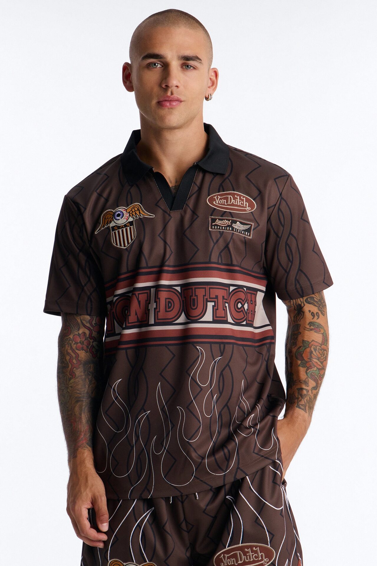 Von Dutch Flame Embroidery Patch Johnny Collar Soccer Jersey - Chocolate