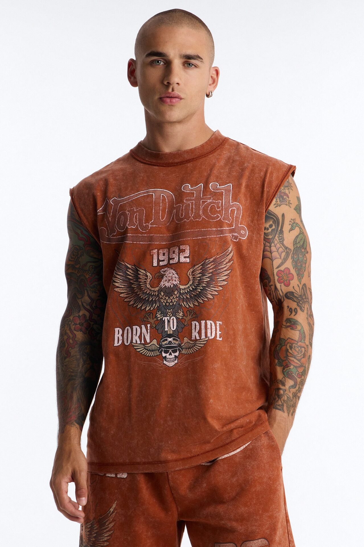 Von Dutch Born To Ride Fleece Muscle Tee - Orange