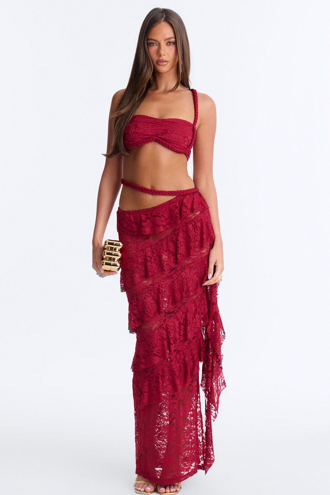 Ruby Ruffle Lace Skirt Set - Burgundy