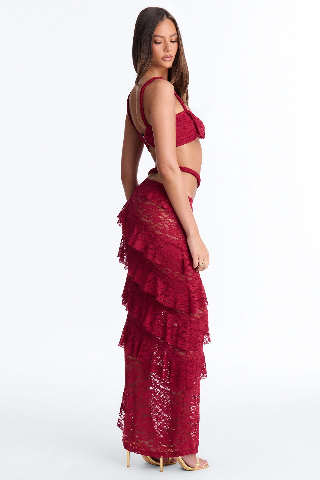 Ruby Ruffle Lace Skirt Set - Burgundy