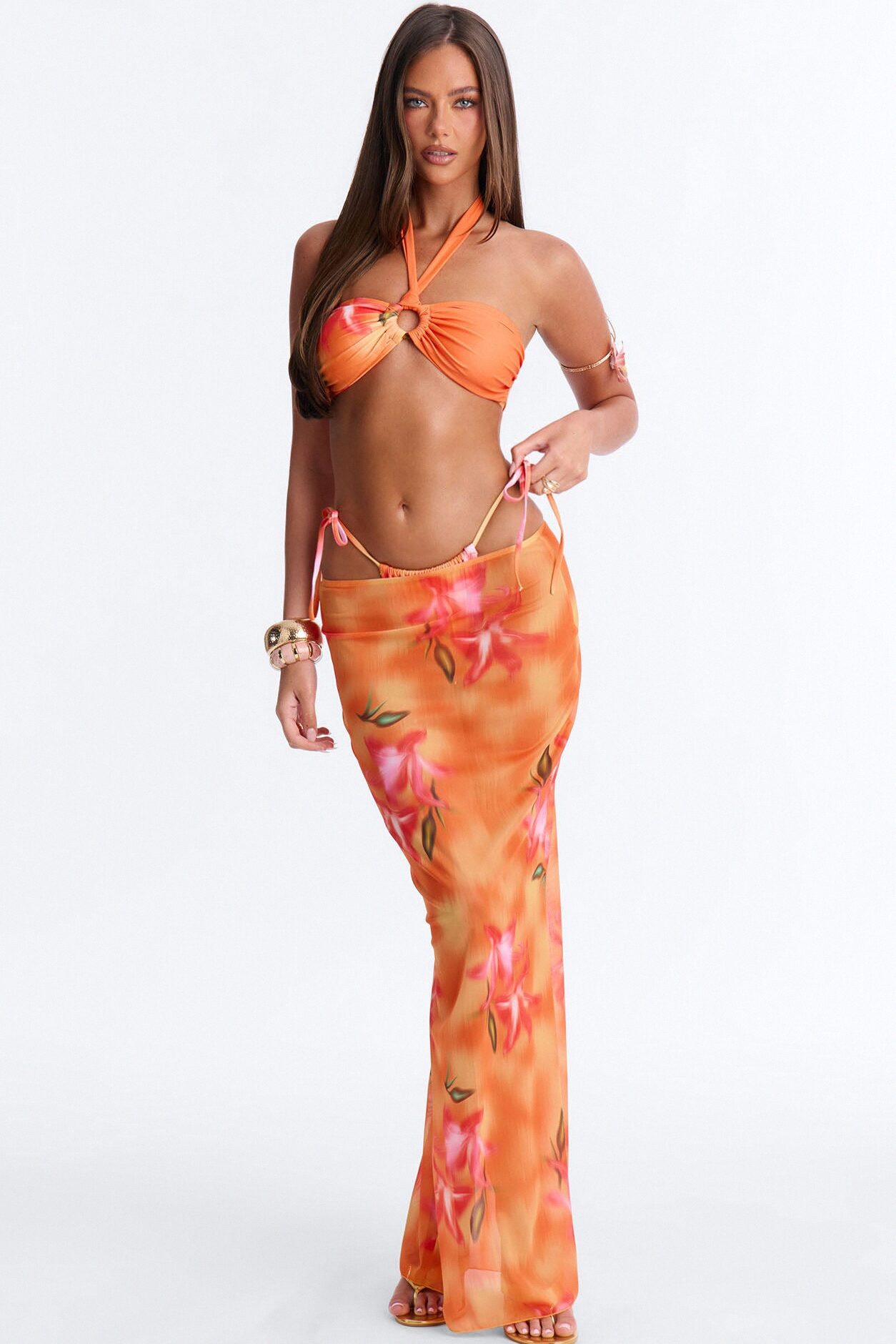Susanna Floral Bandeau Maxi 3 Piece Bikini Skirt Set - Orange
