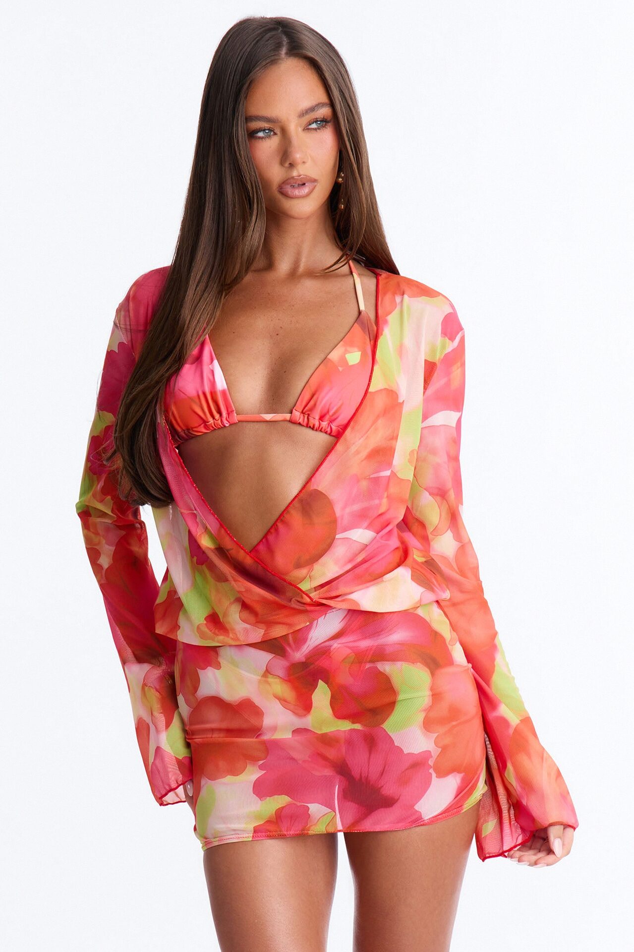 Take A Dip Floral 3 Piece Bikini & Mini Dress Sunsuit - Orange/combo
