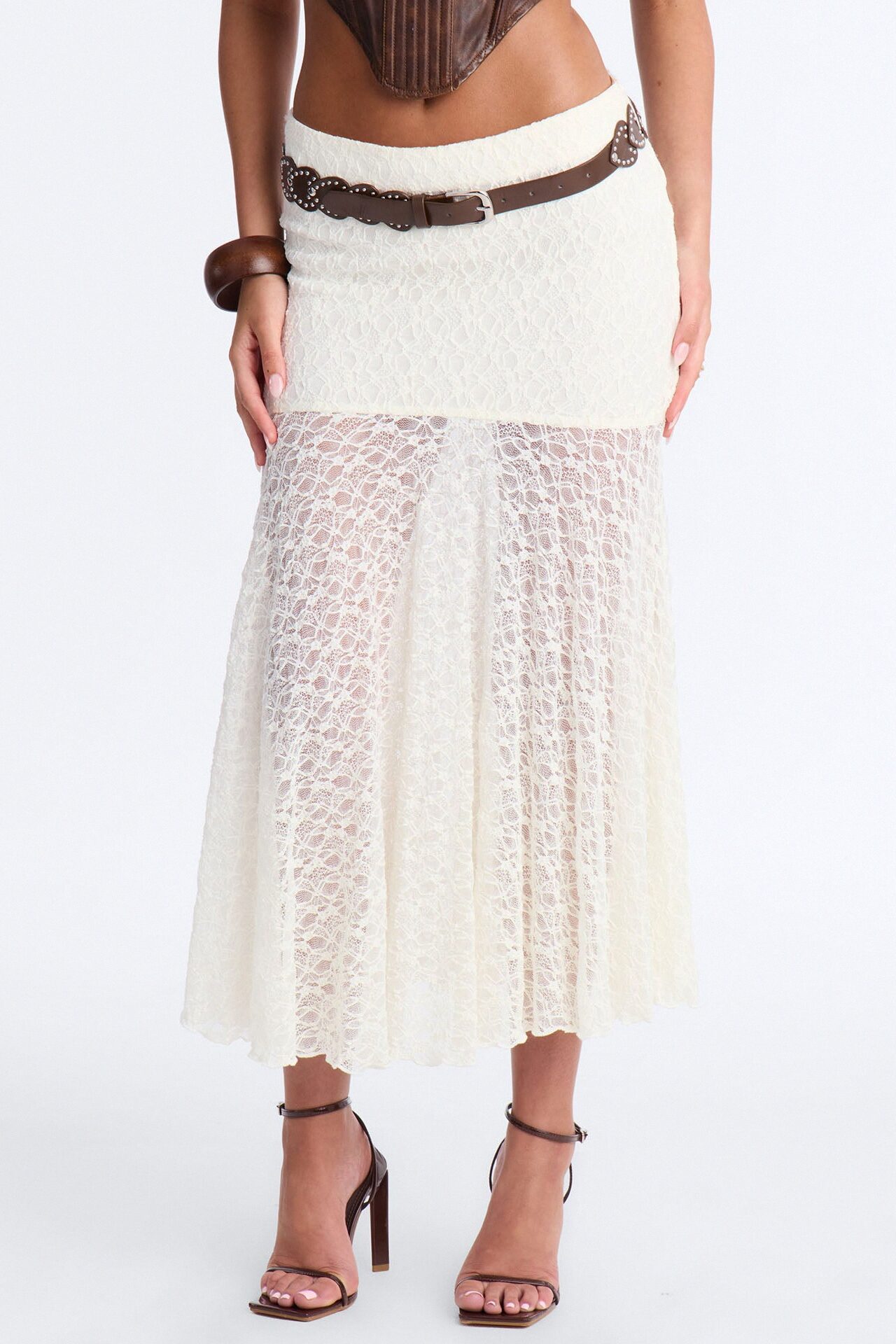 Jade Belted Lace Midi Skirt - Ivory