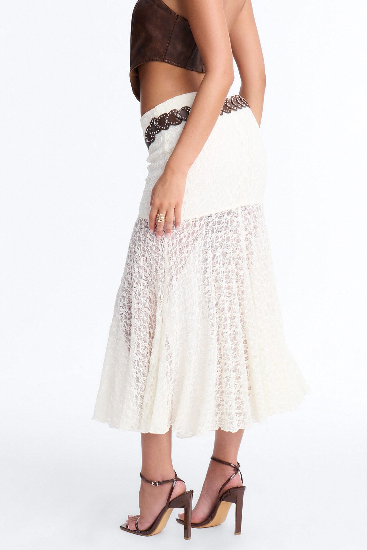 Jade Belted Lace Midi Skirt - Ivory