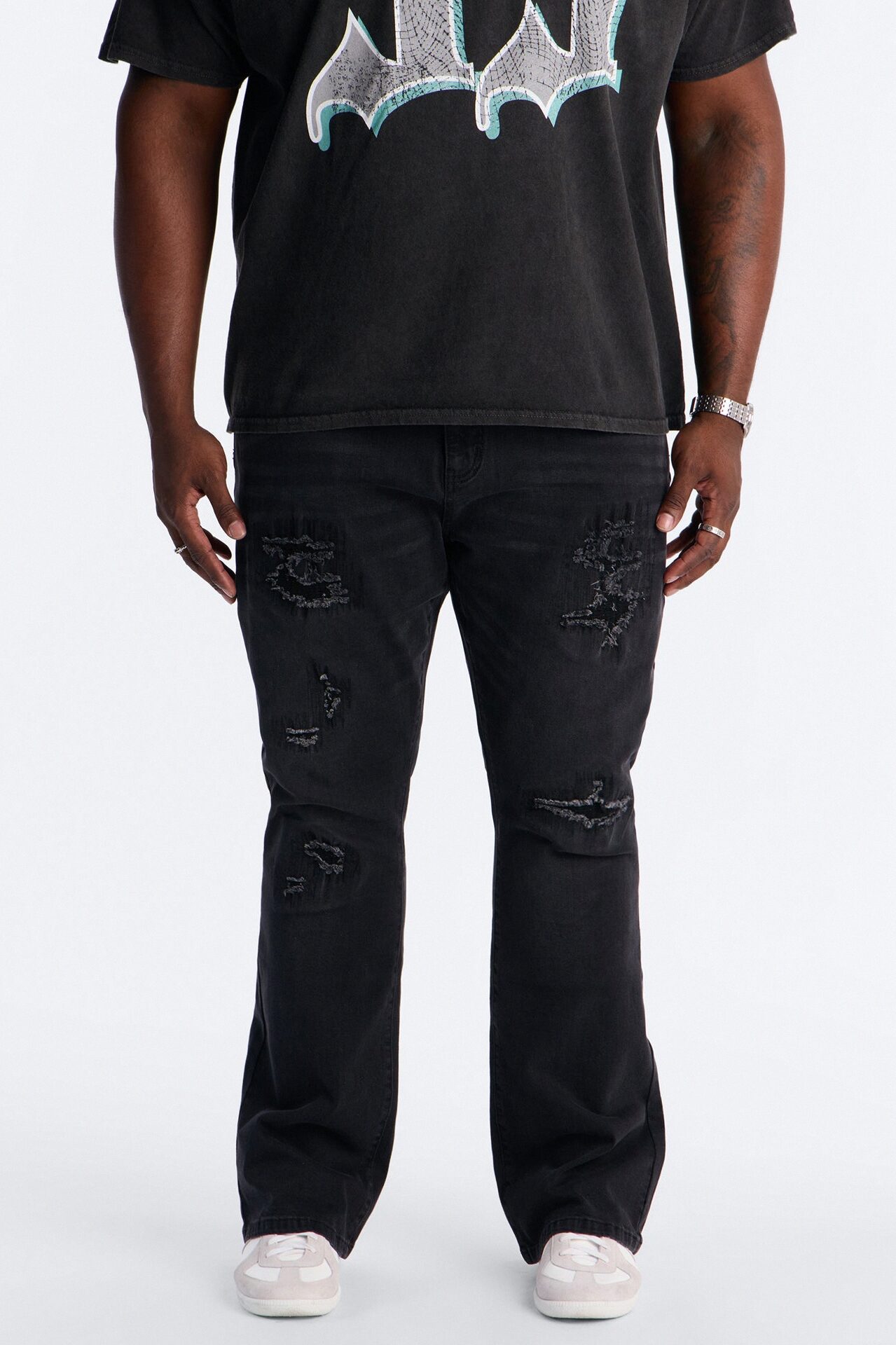 Stacked Skinny Flare Etched Distress Jeans - Black Wash