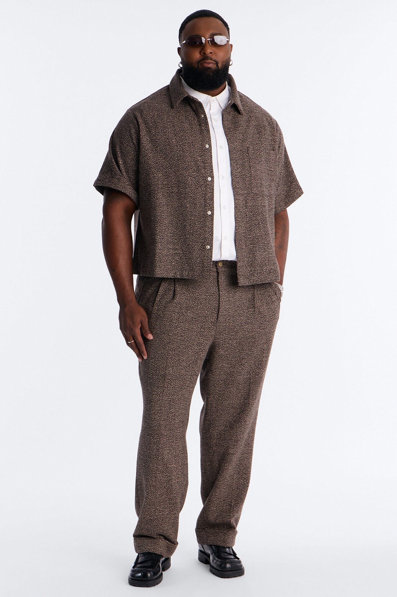 Straight Heathered Faux Wool Cuffed Trouser - Brown/combo
