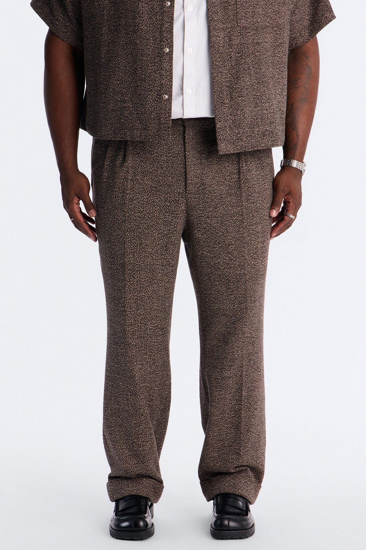 Straight Heathered Faux Wool Cuffed Trouser - Brown/combo