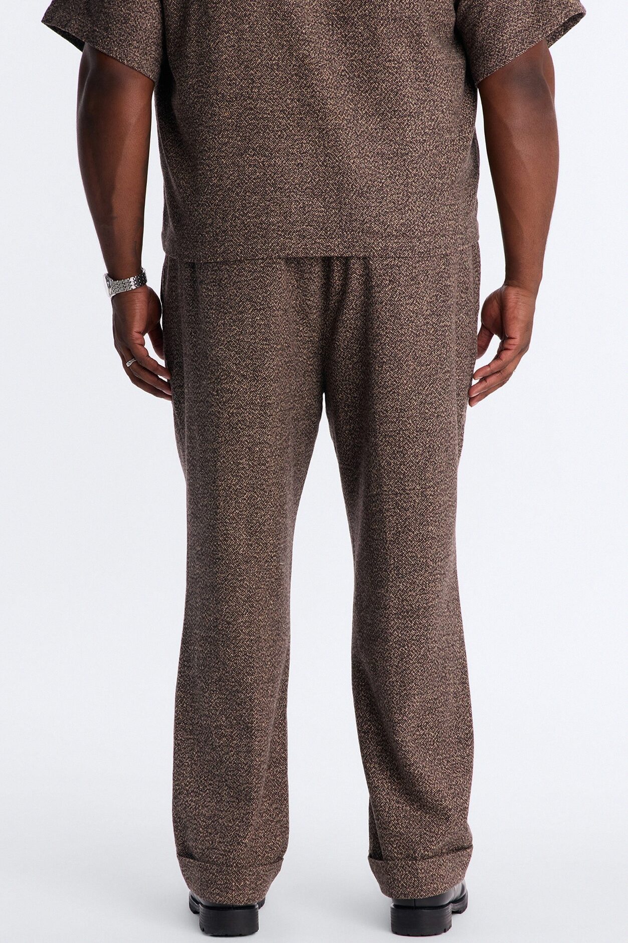 Straight Heathered Faux Wool Cuffed Trouser - Brown/combo