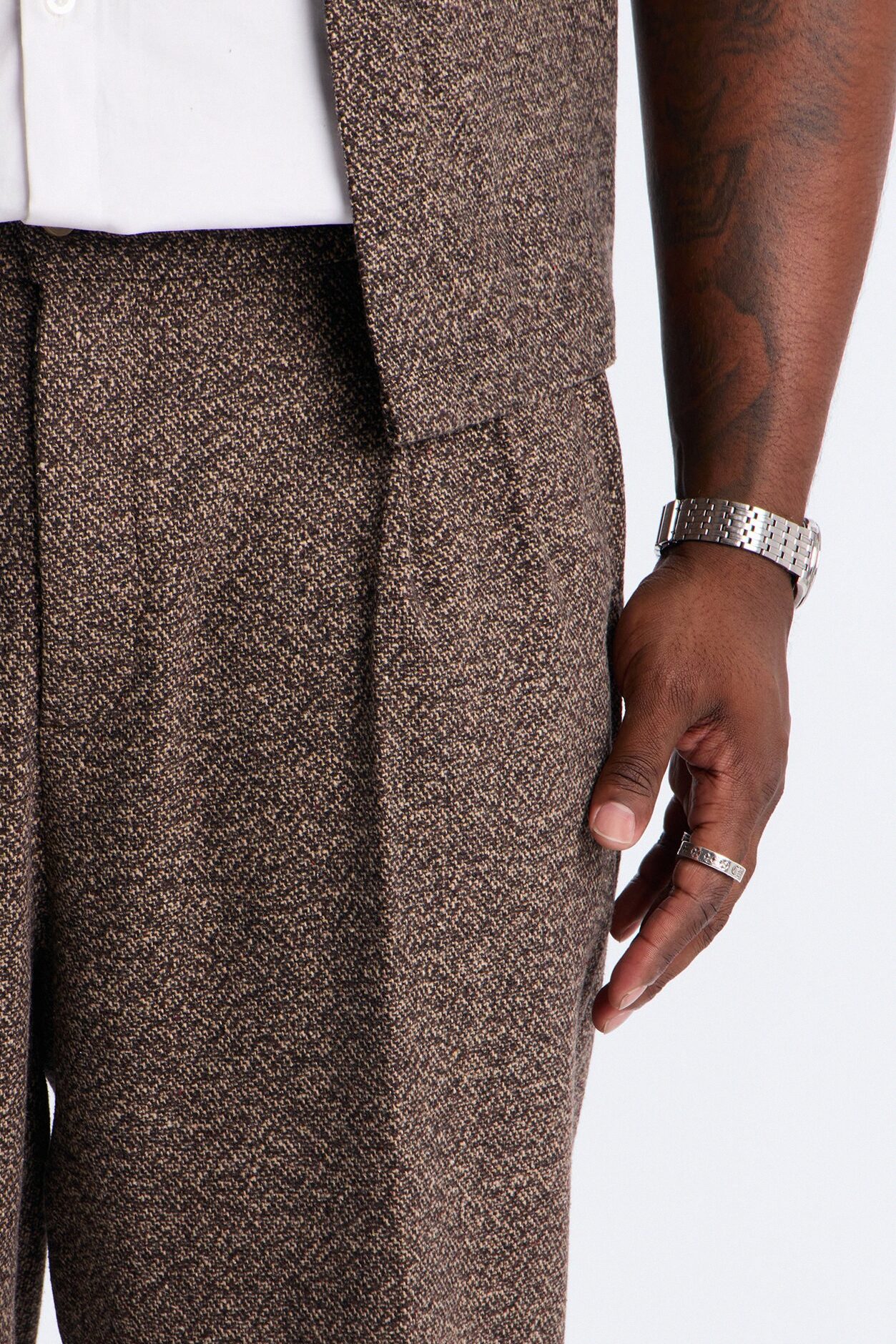 Straight Heathered Faux Wool Cuffed Trouser - Brown/combo