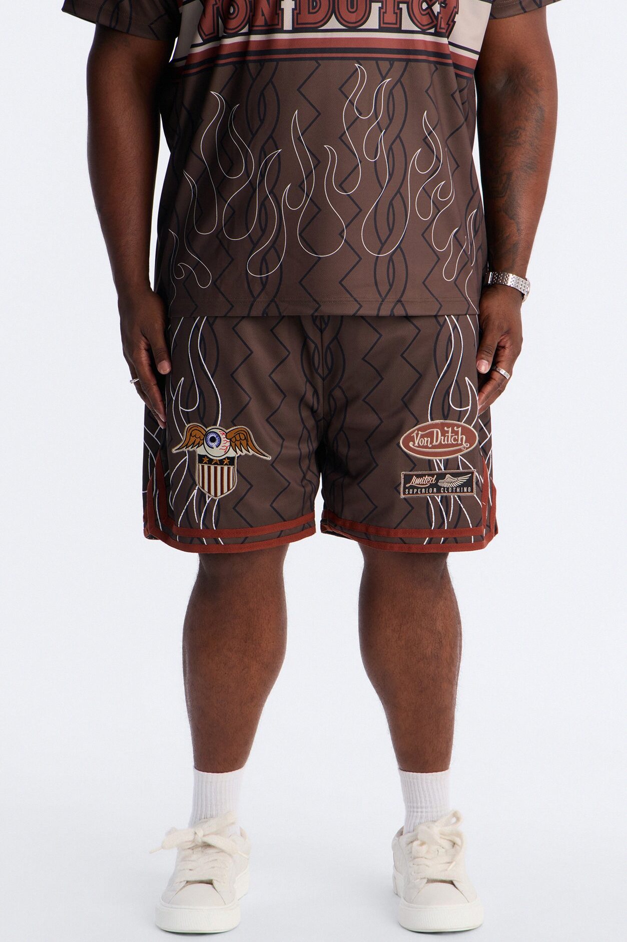 Von Dutch Flame Embroidery Patch Mesh Short - Chocolate
