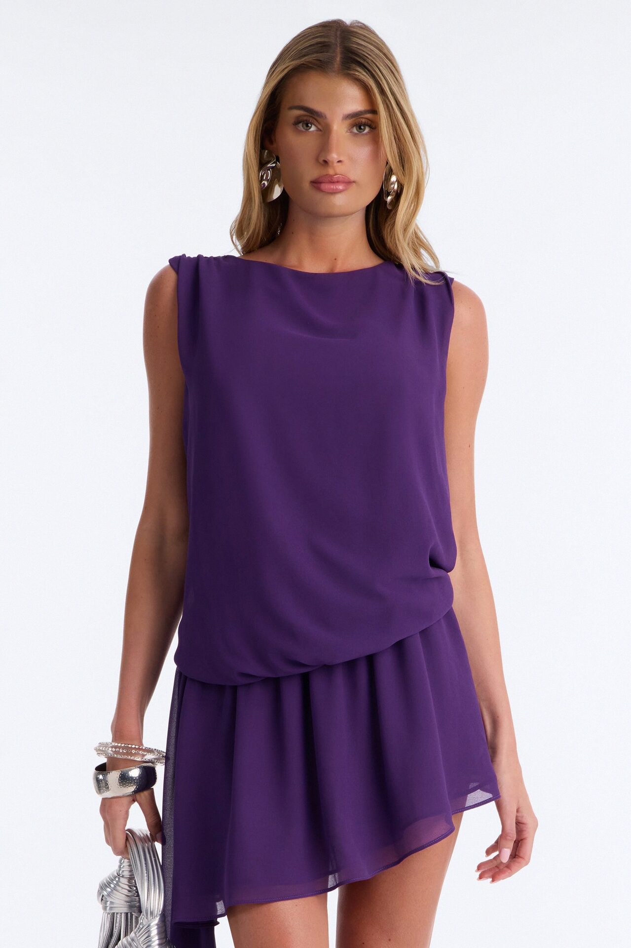 Rowan Chiffon Drape Mini Dress - Purple