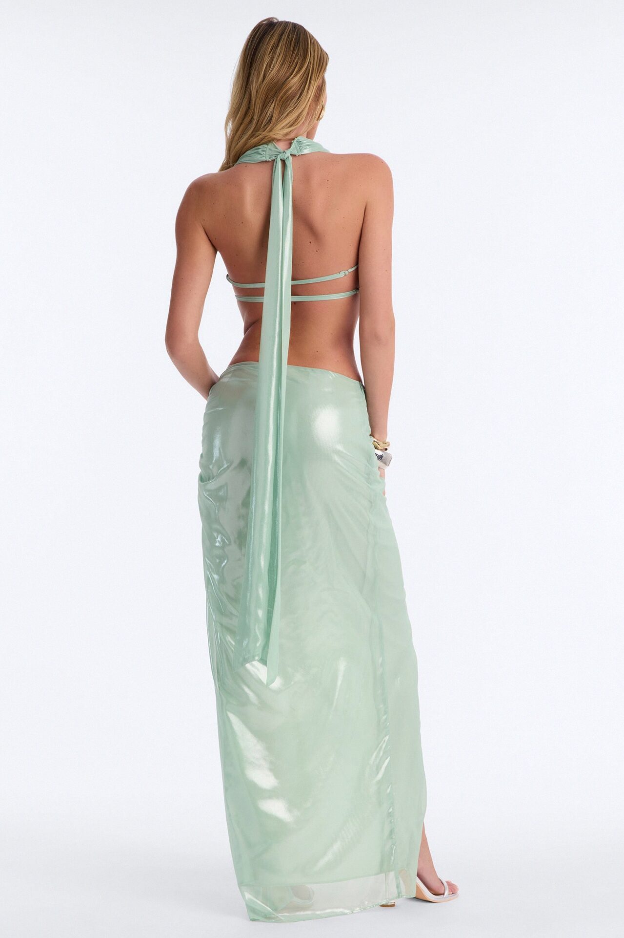 Moonlight Metallic Chiffon Maxi Skirt Set - Mint