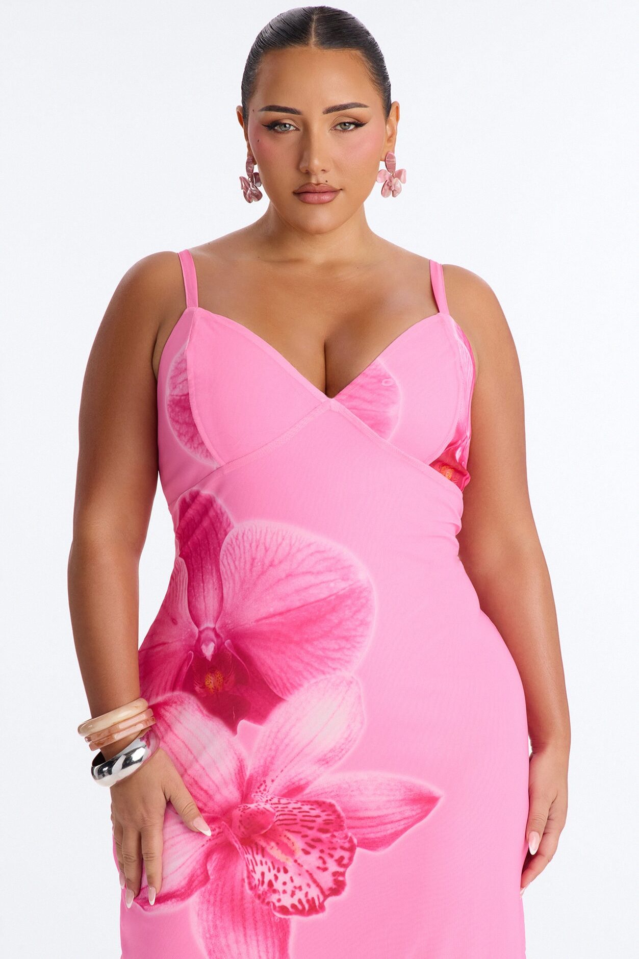Ansley Floral Mesh Midi Dress - Pink