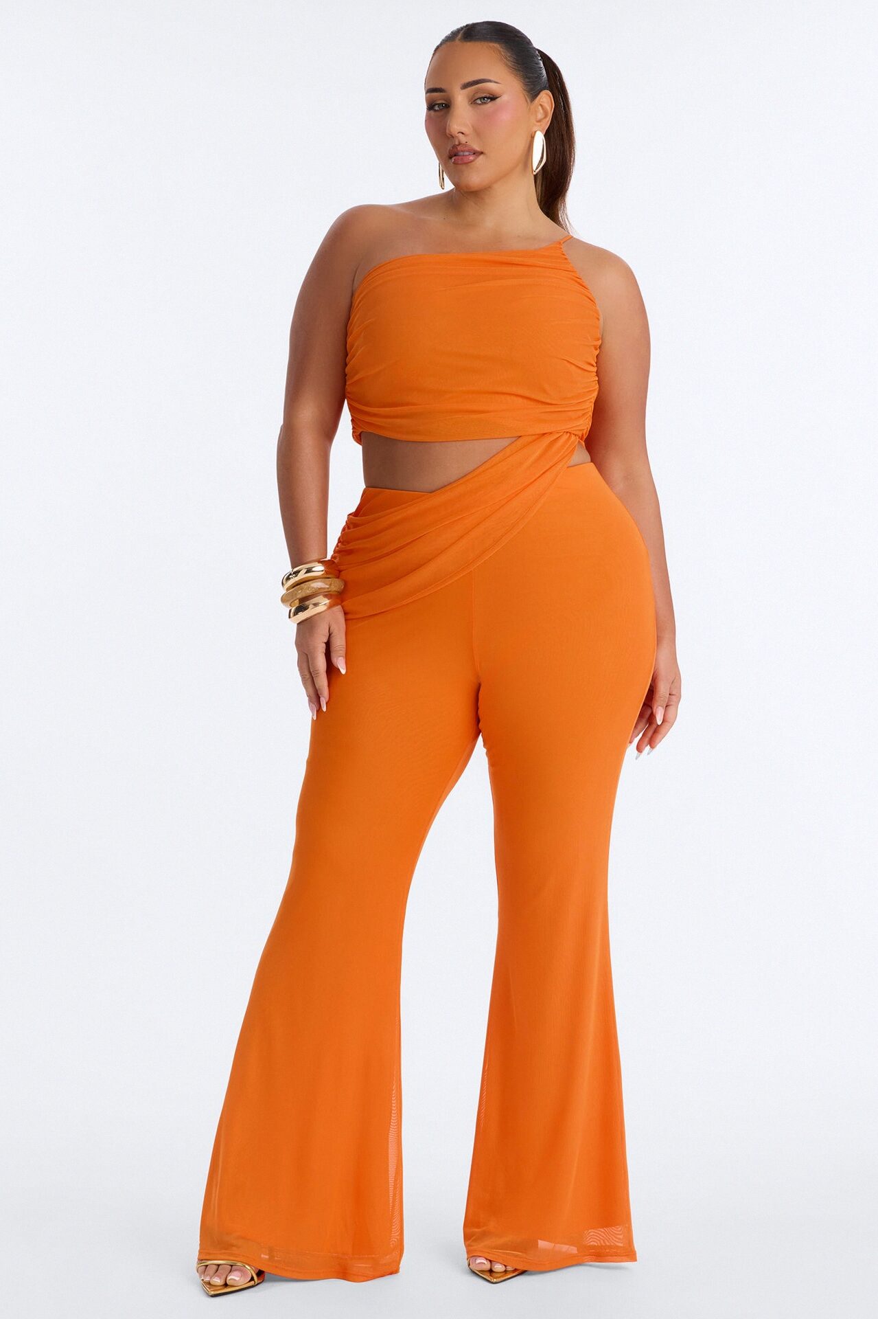 Joelle Draped Mesh Pant Set - Orange