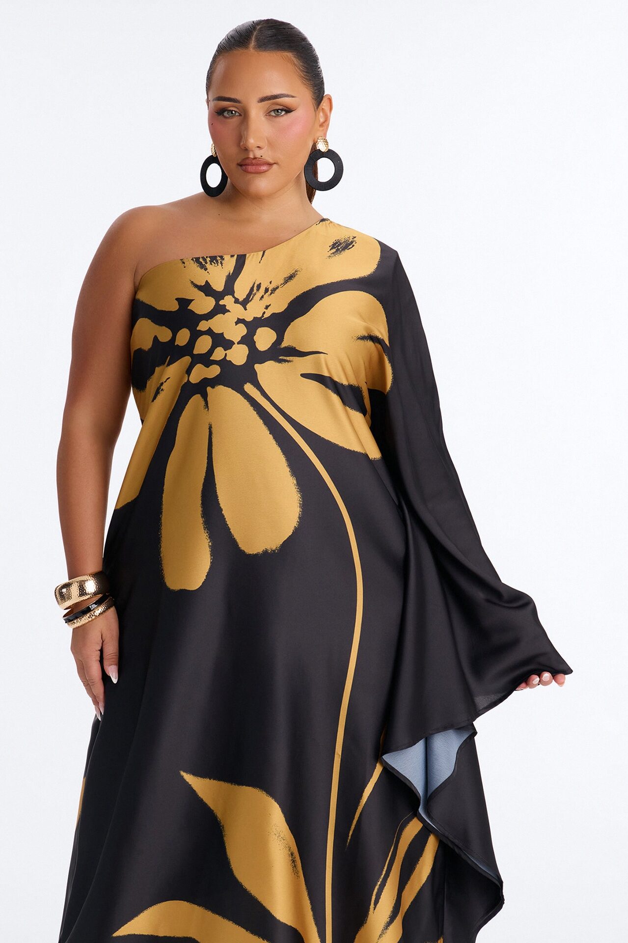 Gentle Glow Satin Kaftan Maxi Dress - Black/Gold