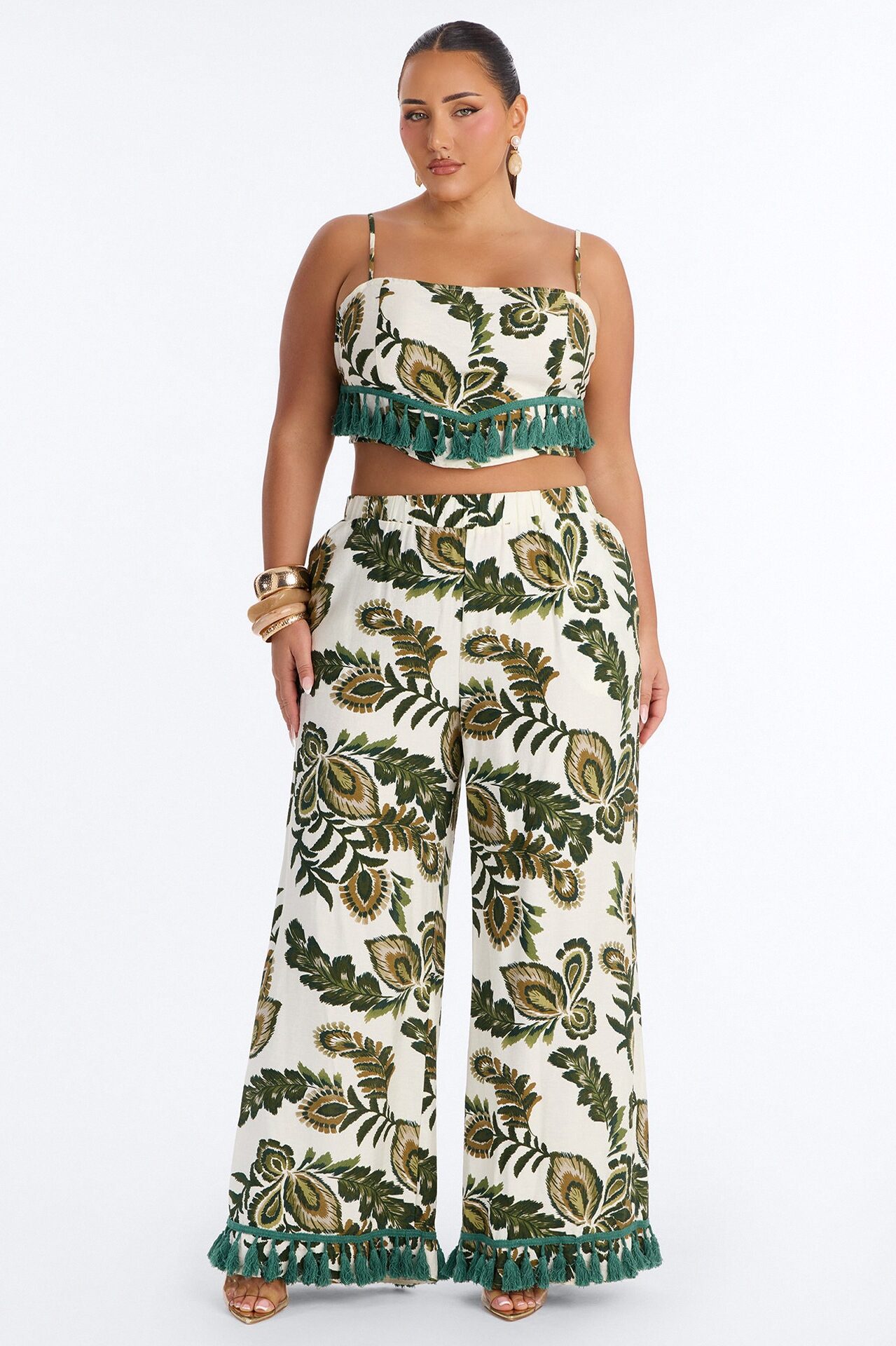 Tropics Linen Fringe Pant Set - Green/combo